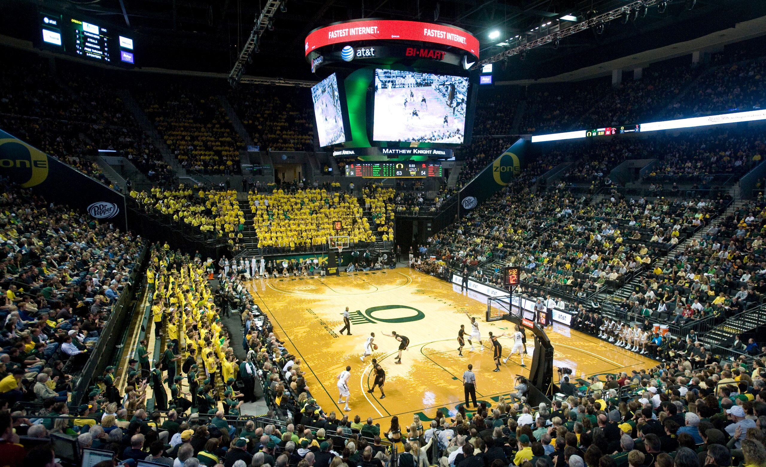 EUGENE, OR - JANUARY 13: General view of the action in the second half of the first game between the USC Trojans and the Oregon Ducks basketball teams at Matthew Knight Arena on January 13, 2011 in Eugene, Oregon. The arena is named  co-founder and Chairm