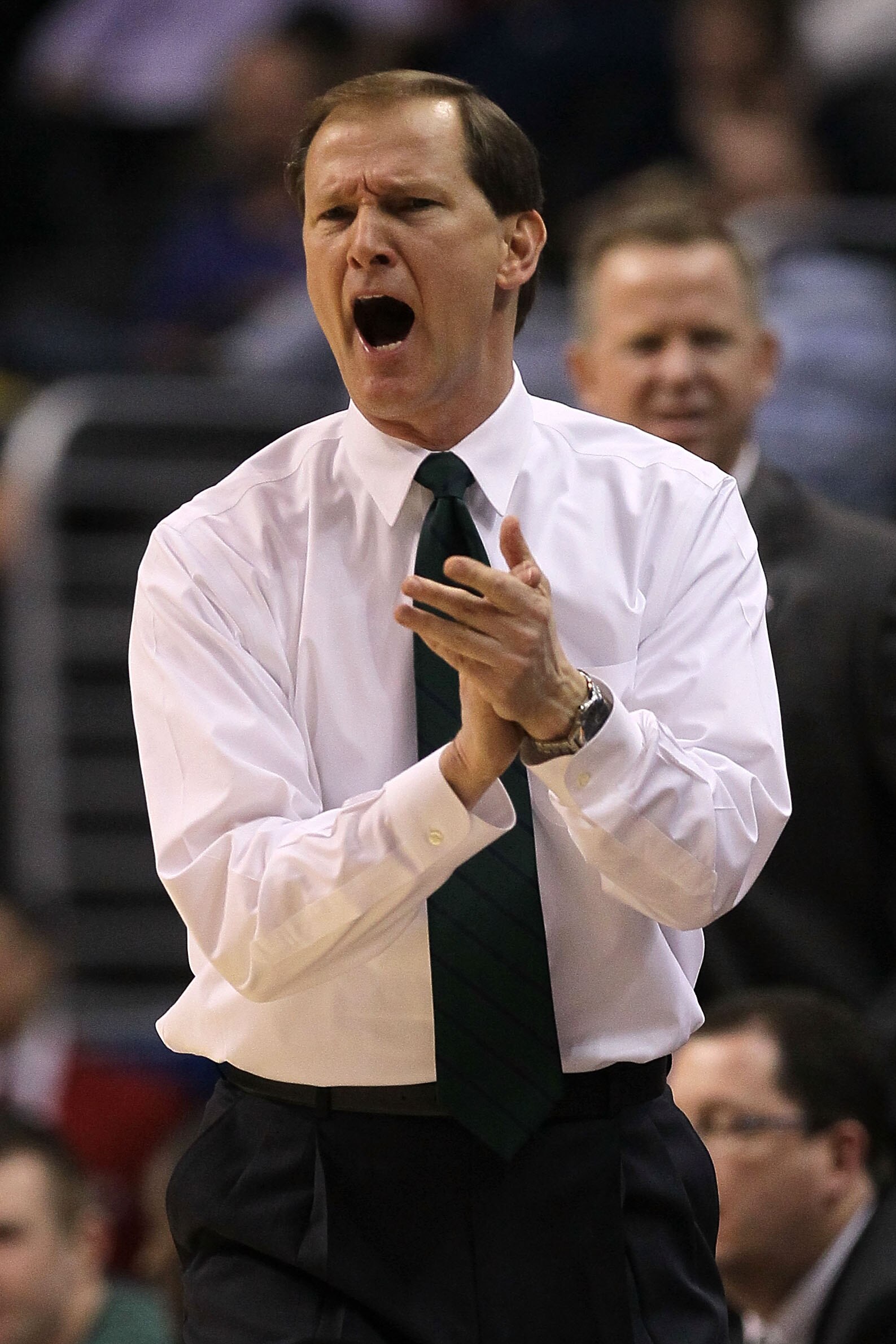 LOS ANGELES, CA - MARCH 10:  Head coach Dana Altman of the Oregon Ducks reacts while taking on the UCLA Bruins in the quarterfinals of the 2011 Pacific Life Pac-10 Men's Basketball Tournament at Staples Center on March 10, 2011 in Los Angeles, California.