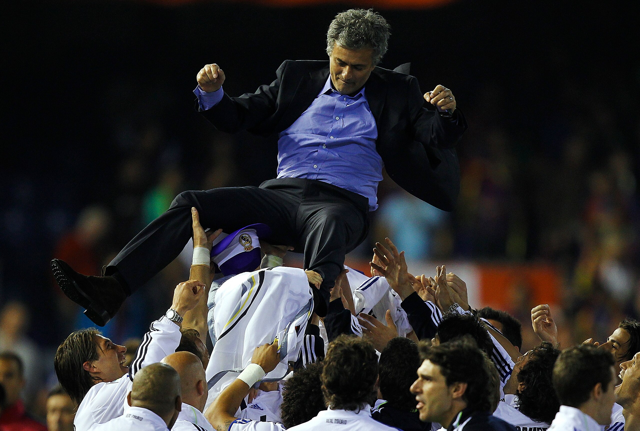 VALENCIA, BARCELONA - APRIL 20:  Head Coach Jose Mourinho of Real Madrid celebrates after the Copa del Rey final match between Real Madrid and Barcelona at Estadio Mestalla on April 20, 2011 in Valencia, Spain. Real Madrid won 1-0.  (Photo by Manuel Queim