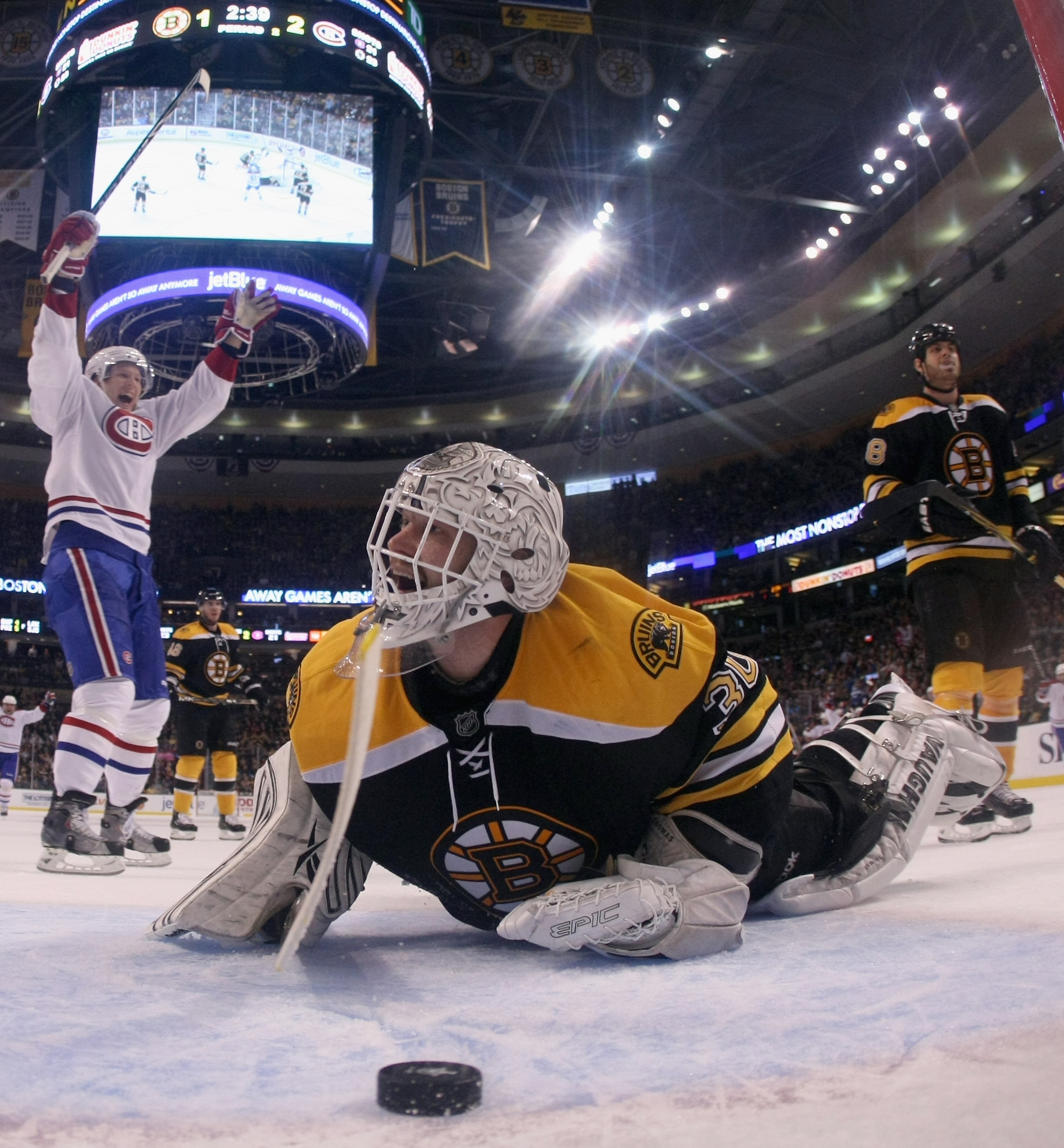 BOSTON, MA - APRIL 16:  Tim Thomas #30 of the Boston Bruins reacts after Yannick Weber #68 of the Montreal Canadiens scored the third goal of the game in Game Two of the Eastern Conference Quarterfinals during the 2011 NHL Stanley Cup Playoffs at TD Garde