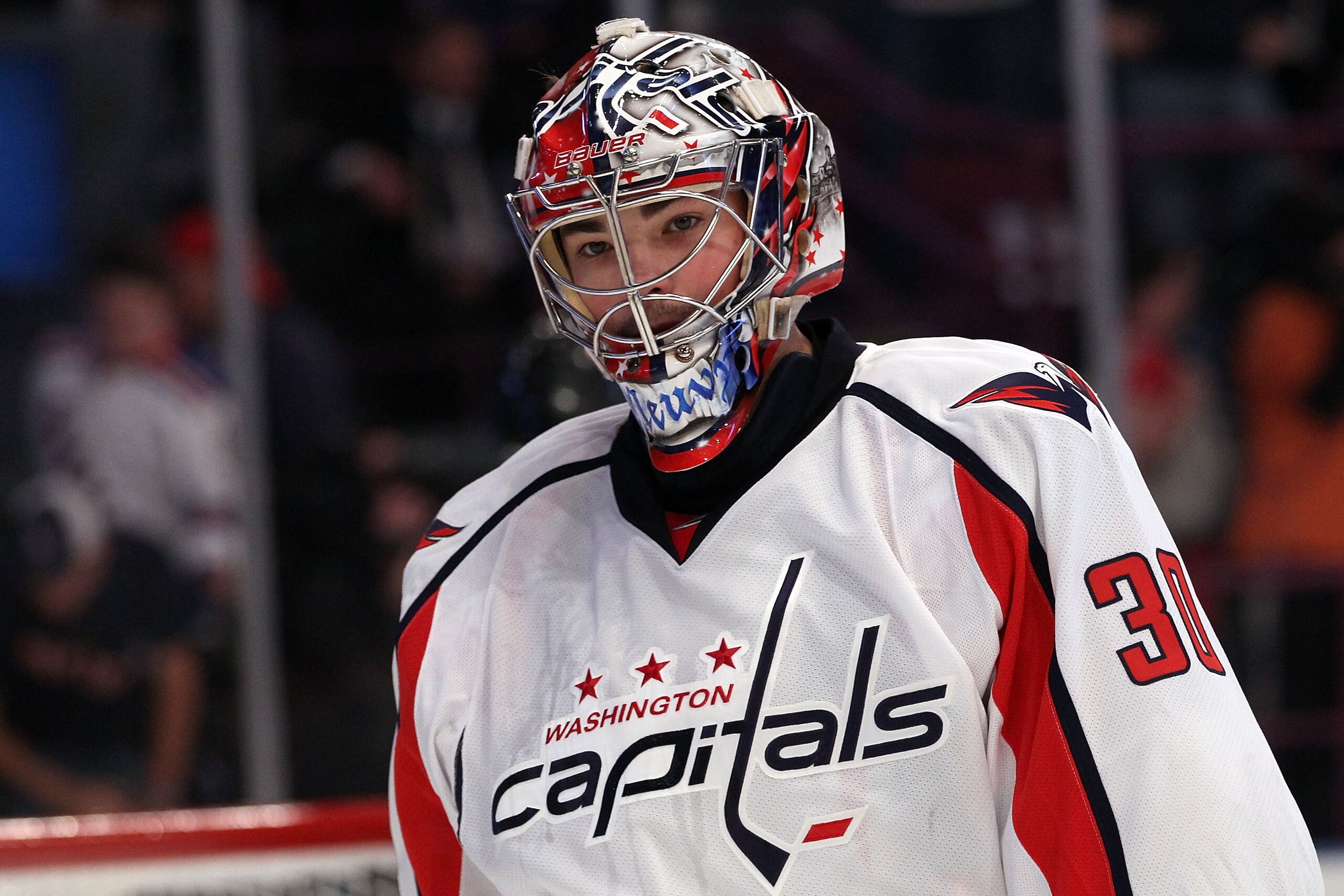 NEW YORK, NY - APRIL 20:  Goalie Michal Neuvirth #30 of the Washington Capitals looks on against the New York Rangers in Game Four of the Eastern Conference Quarterfinals during the 2011 NHL Stanley Cup Playoffs at Madison Square Garden on April 20, 2011