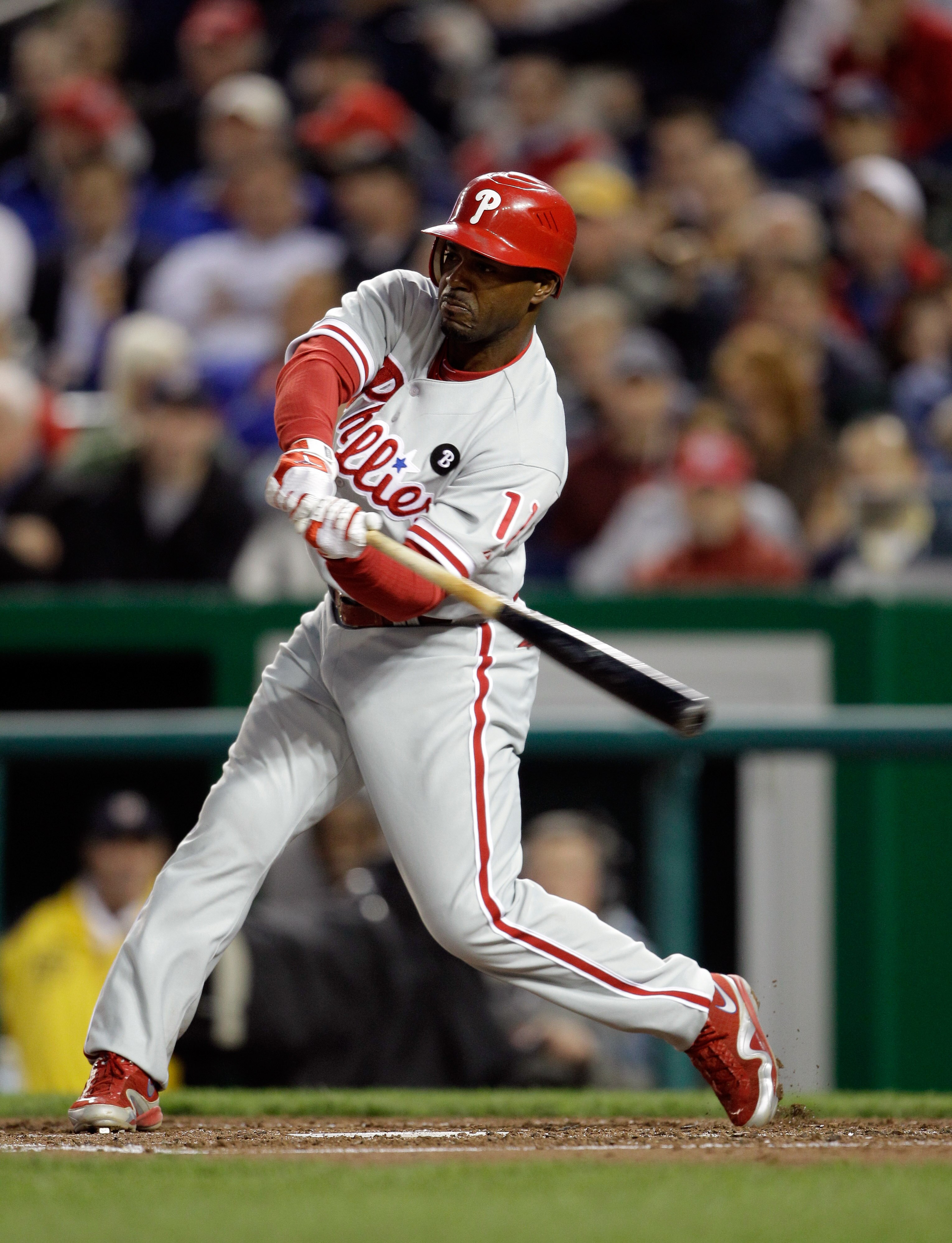 WASHINGTON, DC - APRIL 12: Jimmy Rollins #11 of the Philadelphia Phillies at the plate against the Washington Nationals at Nationals Park on April 12, 2011 in Washington, DC. (Photo by Rob Carr/Getty Images)