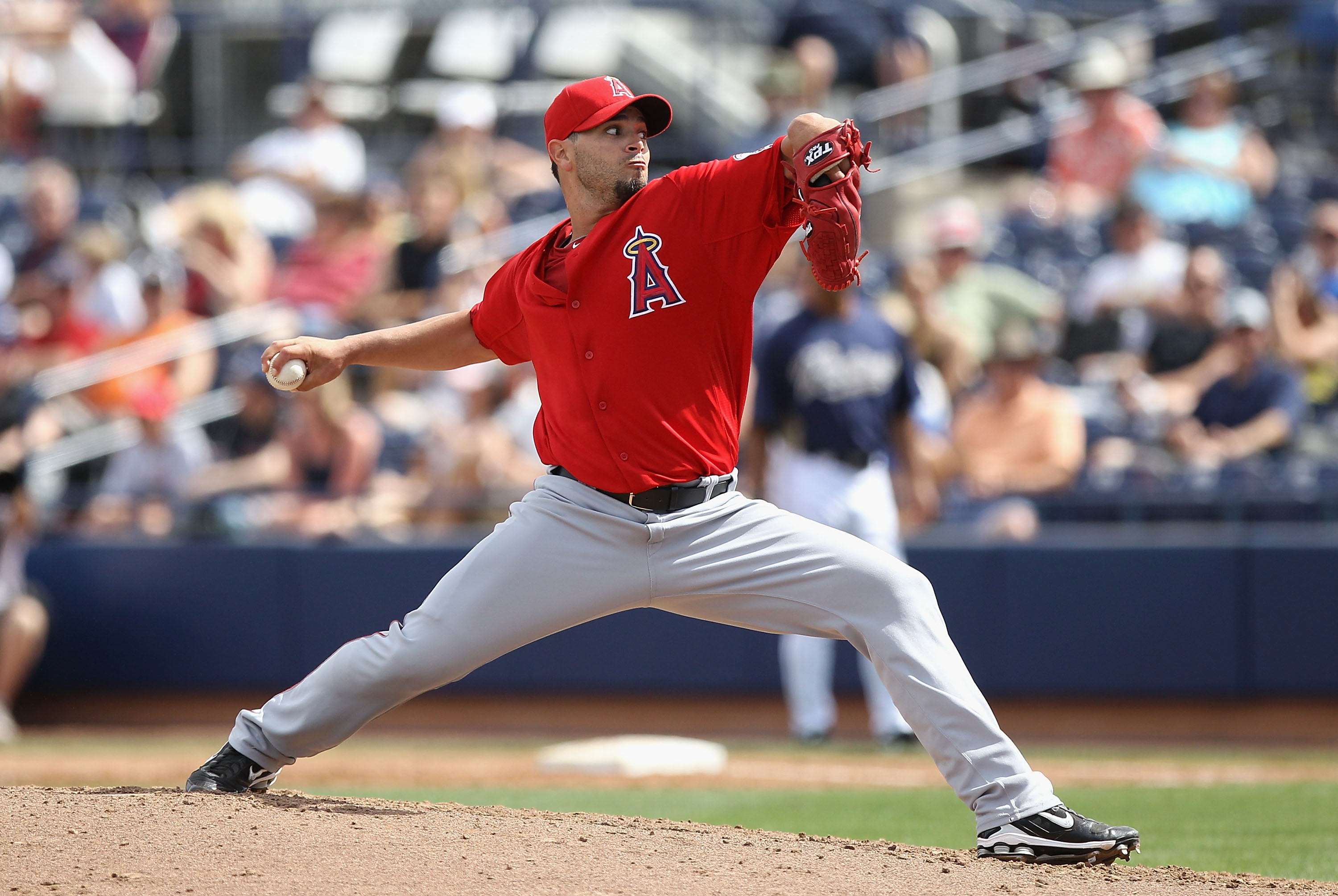 PEORIA, AZ - MARCH 15:  Starting pitcher Joel Pineiro #35 of the Los Angeles Angels of Anaheim pitches against the San Diego Padres during the spring training game at Peoria Stadium on March 15, 2011 in Peoria, Arizona.  (Photo by Christian Petersen/Getty
