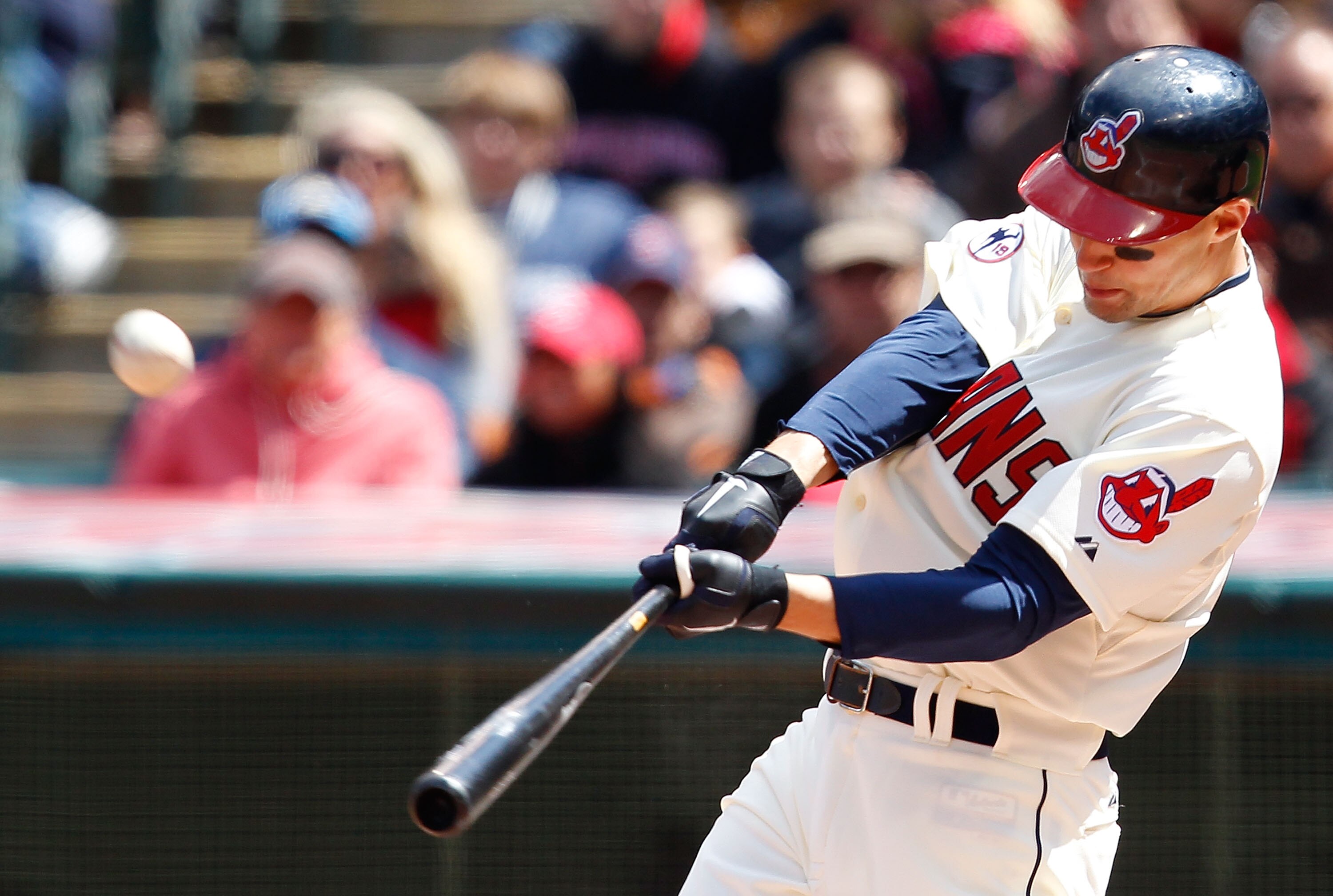 CLEVELAND - APRIL 17:  Grady Sizemore #24 of the Cleveland Indians hits a solo home run against the Baltimore Orioles during the game on April 17, 2011 at Progressive Field in Cleveland, Ohio.  (Photo by Jared Wickerham/Getty Images)
