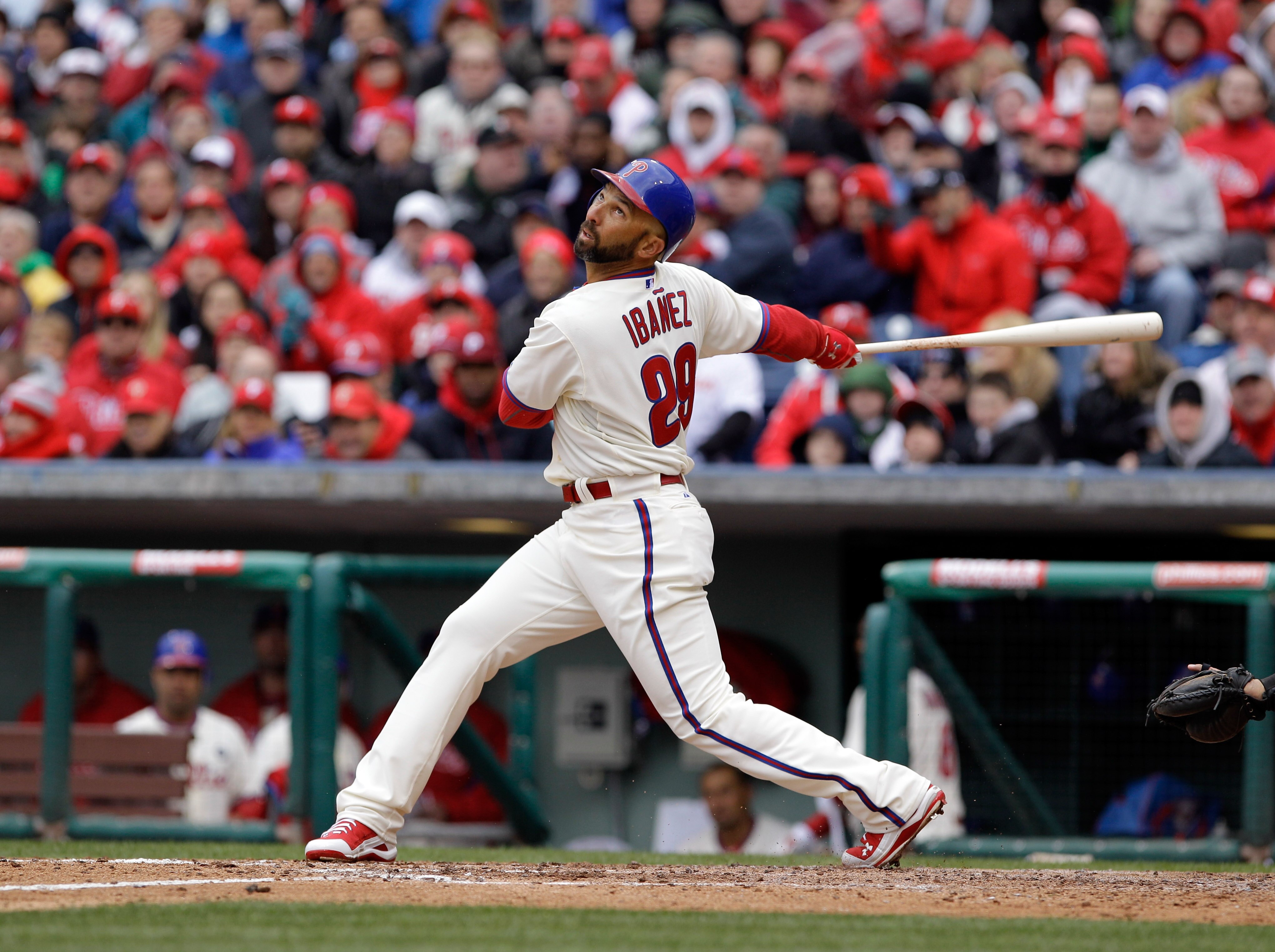 PHILADELPHIA, PA - APRIL 01: Raul Ibanez #29 of the Philadelphia Phillies at the plate against the Houston Astros during opening day at Citizens Bank Park on April 1, 2011 in Philadelphia, Pennsylvania.  (Photo by Rob Carr/Getty Images)