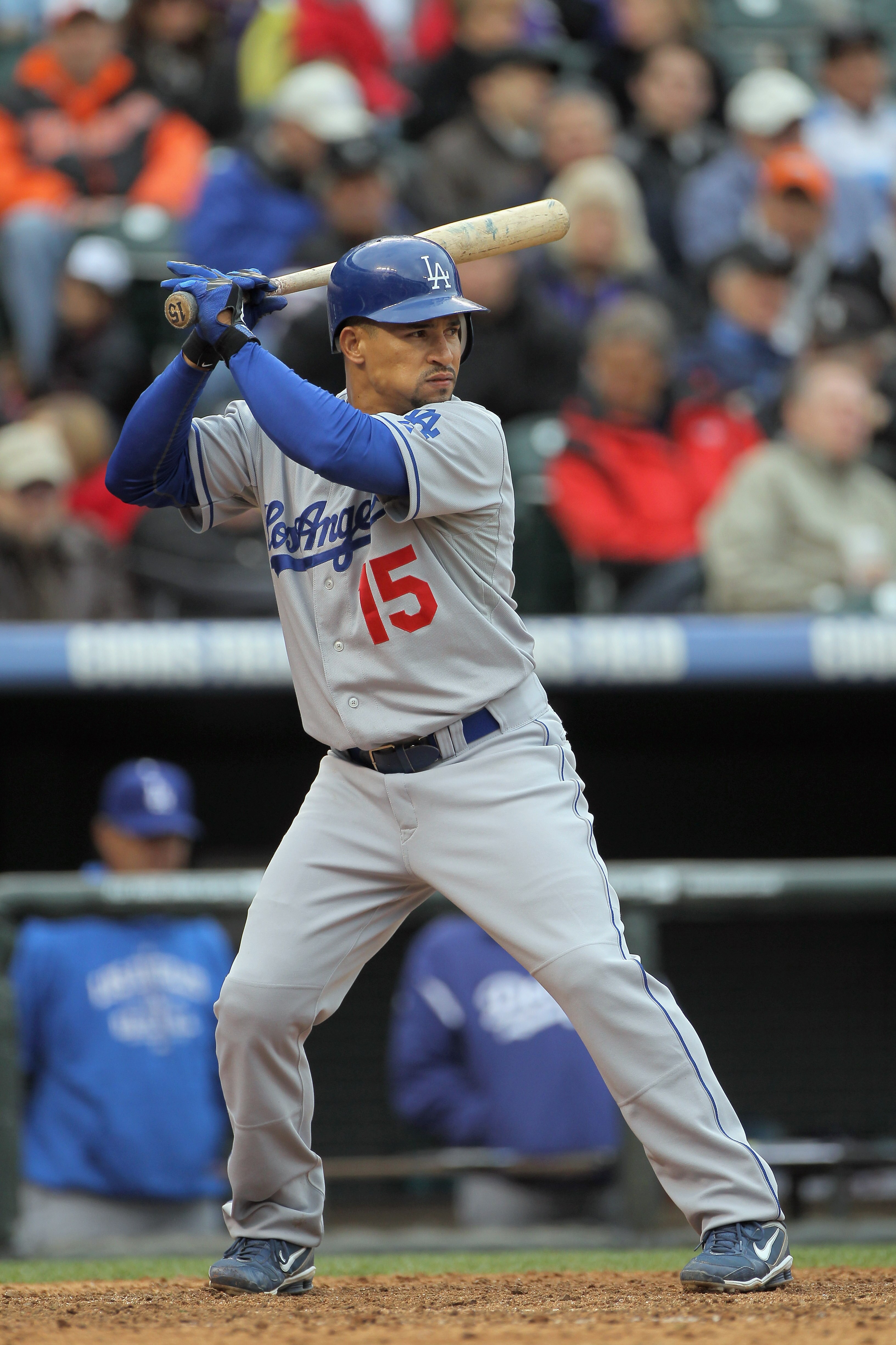 DENVER, CO - APRIL 06:  Rafael Furcal #15 of the Los Angeles Dodgers takes an at abt against the Colorado Rockies at Coors Field on April 6, 2011 in Denver, Colorado.  (Photo by Doug Pensinger/Getty Images)