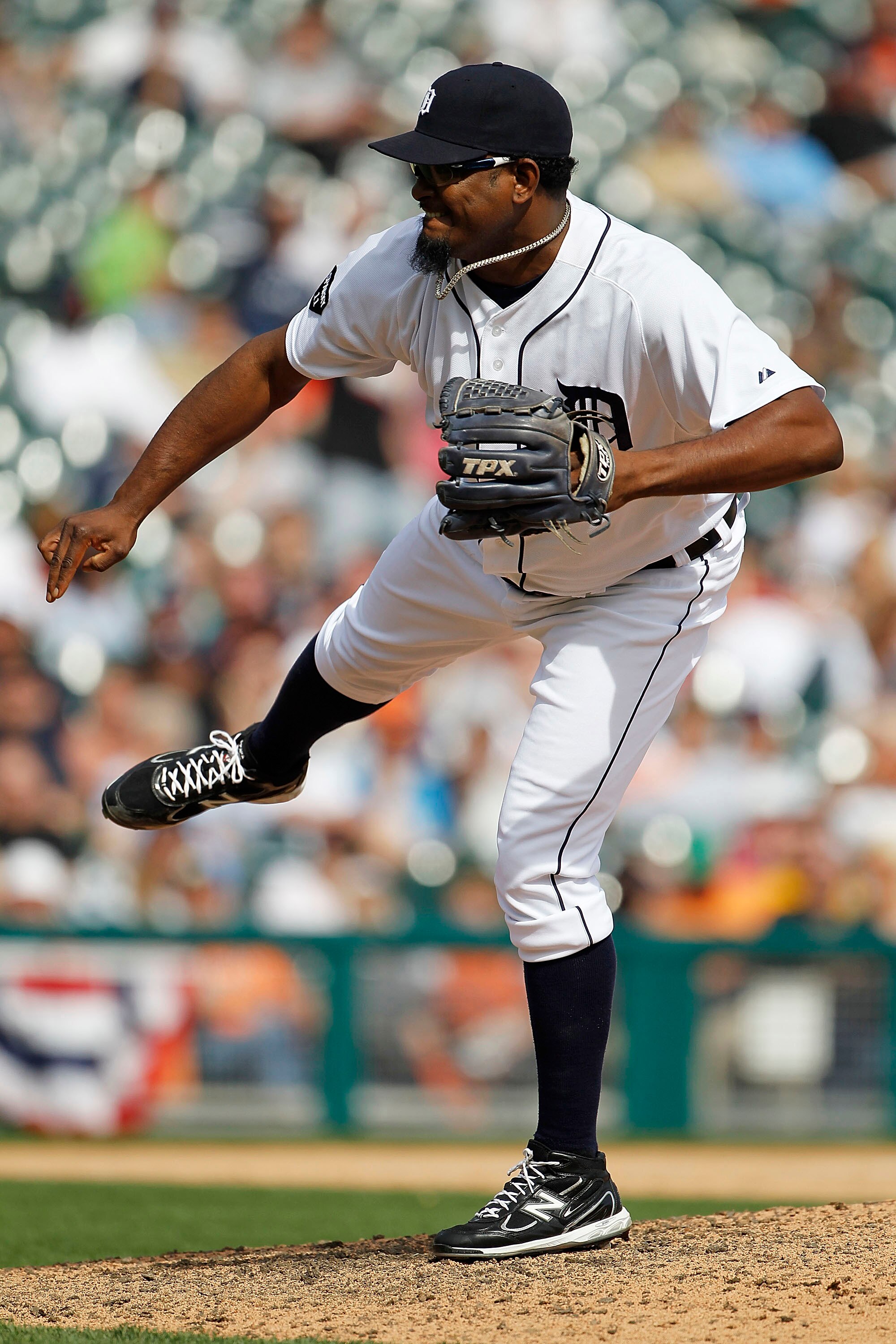 DETROIT - APRIL 13: Jose Valverde #46 of the Detroit Tigers pitches during the ninth inning of the game at Comerica Park on April 13, 2011 in Detroit, Michigan. The Tigers defeated the Rangers 3-2.  (Photo by Leon Halip/Getty Images)