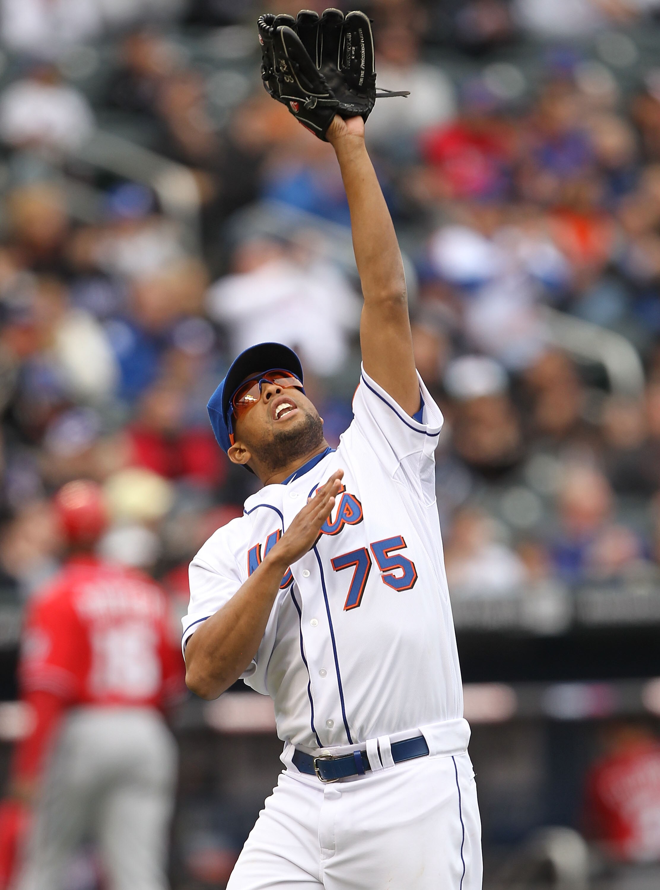 NEW YORK, NY - APRIL 10:  Francisco Rodriguez #75 of the New York Mets reacts after retiring the side in the ninth inning against the Washington Nationals during their game on April 10, 2011 at Citi Field in the Flushing neighborhood of the Queens borough