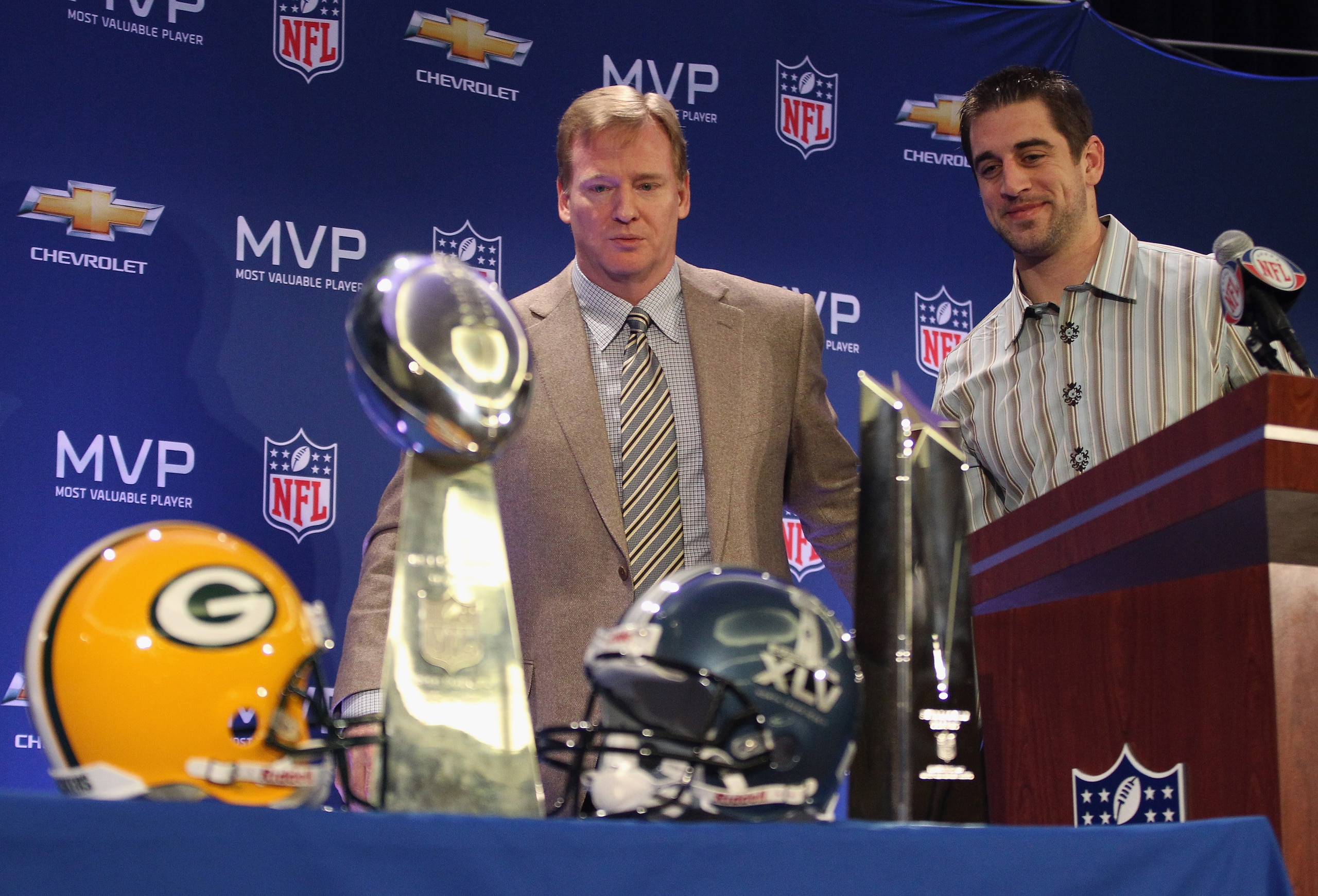 DALLAS, TX - FEBRUARY 07: NFL Commissioner Roger Goodell (L) and Green Bay Packers quarterback Aaron Rodgers (R) look on after speaking to the media during a press conference at Super Bowl XLV Media Center on February 7, 2011 in Dallas, Texas. (Photo by DALLAS, TX - FEBRUARY 07: NFL Commissioner Roger Goodell (L) and Green Bay Packers quarterback Aaron Rodgers (R) look on after speaking to the media during a press conference at Super Bowl XLV Media Center on February 7, 2011 in Dallas, Texas. (Photo by