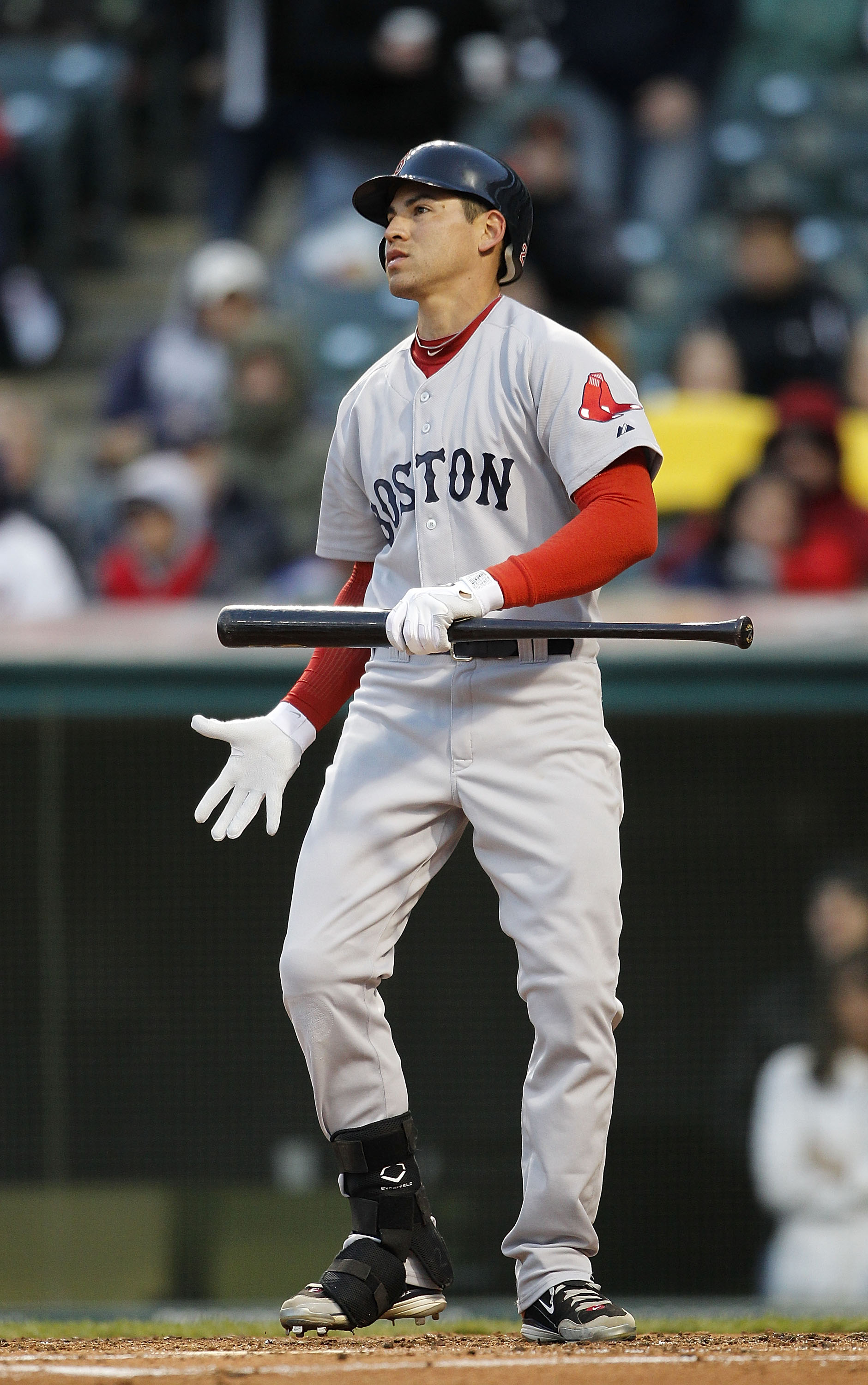 CLEVELAND - APRIL 05: Jacoby Ellsbury #2 of the Boston Red Sox reacts after striking out during the third inning of the game against the Cleveland Indians at Progressive Field on April 5, 2011 in Cleveland, Ohio.  (Photo by Leon Halip/Getty Images)