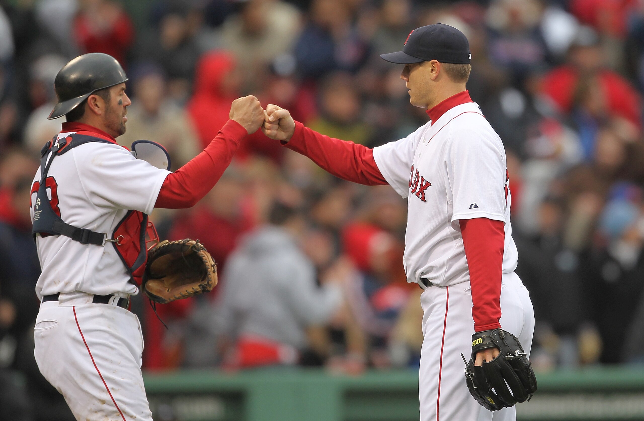 BOSTON, MA - APRIL 16, 2011: Jonathan Papelbon #58 and Jason Varitek #33 of the Boston Red Sox celebrate a win against the Toronto Blue Jays at Fenway Park April 16, 2011 in Boston, Massachusetts. (Photo by Jim Rogash/Getty Images) BOSTON, MA - APRIL 16, 2011: Jonathan Papelbon #58 and Jason Varitek #33 of the Boston Red Sox celebrate a win against the Toronto Blue Jays at Fenway Park April 16, 2011 in Boston, Massachusetts. (Photo by Jim Rogash/Getty Images)