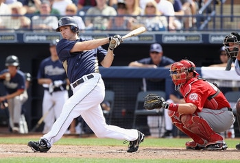 PEORIA, AZ - MARCH 15:  Chris Denorfia #13 of the San Diego Padres bats against the Los Angeles Angels of Anaheim during the spring training game at Peoria Stadium on March 15, 2011 in Peoria, Arizona.  (Photo by Christian Petersen/Getty Images)