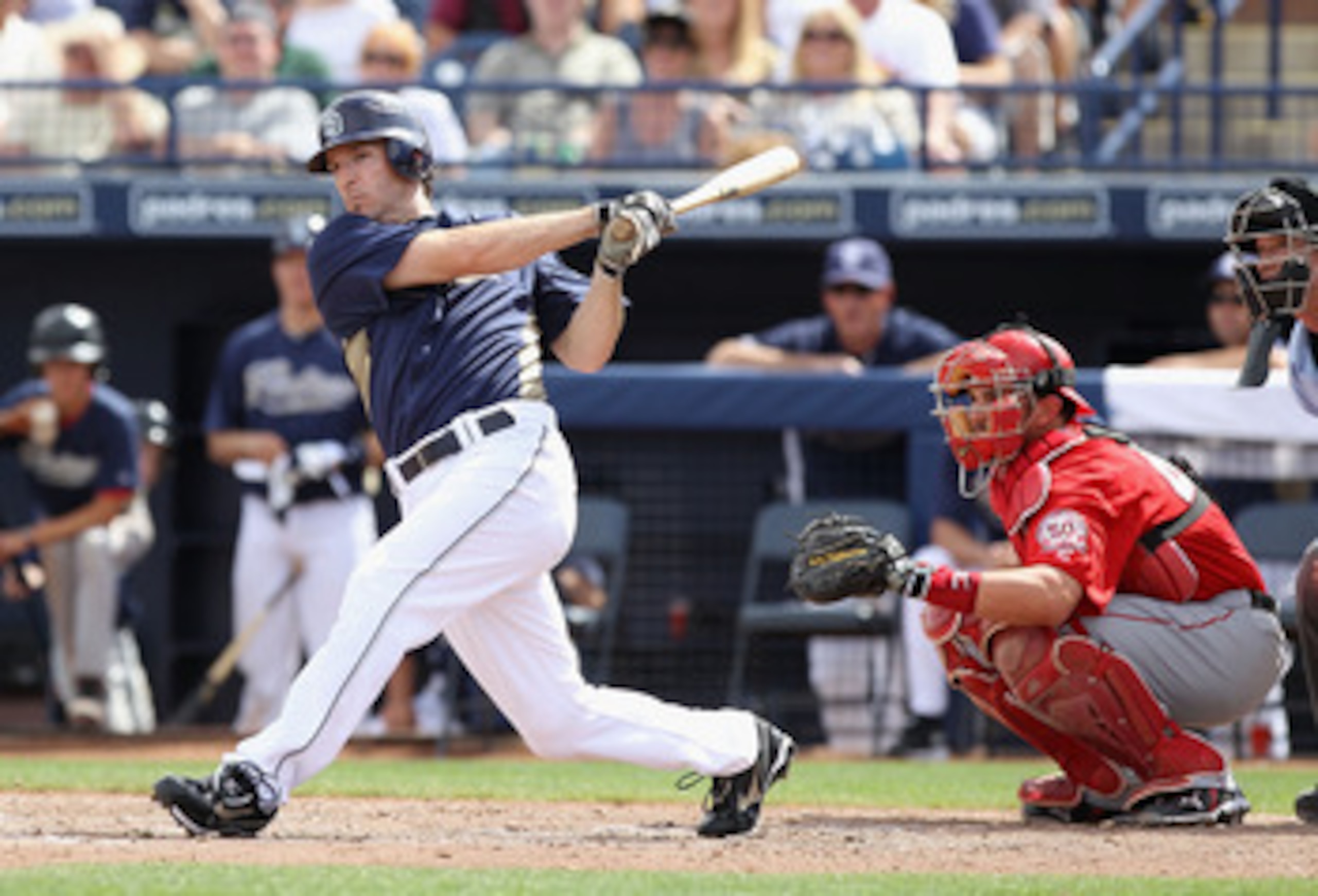 PEORIA, AZ - MARCH 15:  Chris Denorfia #13 of the San Diego Padres bats against the Los Angeles Angels of Anaheim during the spring training game at Peoria Stadium on March 15, 2011 in Peoria, Arizona.  (Photo by Christian Petersen/Getty Images)