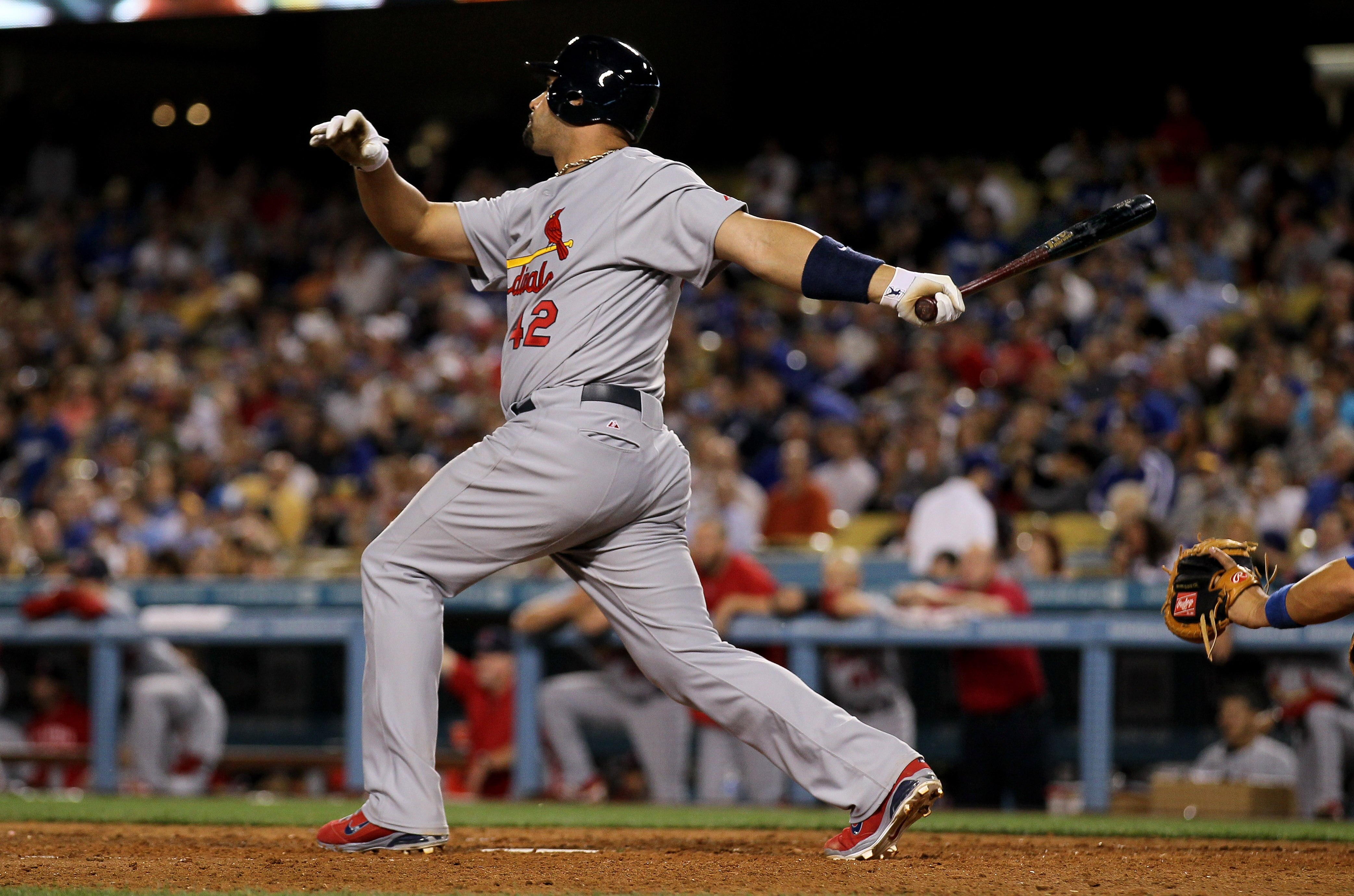 LOS ANGELES, CA - APRIL 15:  Albert Pujols #5 of the St. Louis Cardinals hits his second home run of the game in the seventh inning against the Los Angeles Dodgers on April 15, 2011 at Dodger Stadium in Los Angeles, California.  (Photo by Stephen Dunn/Get