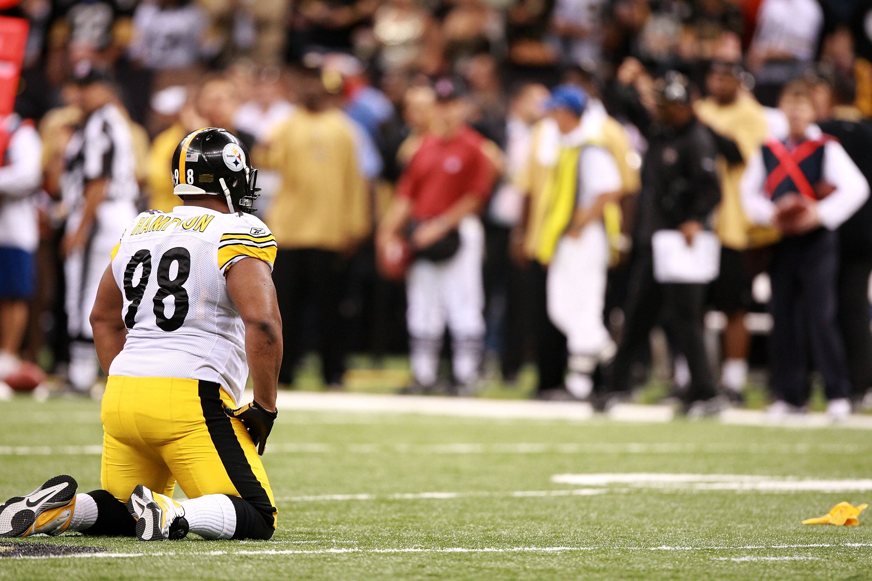 NEW ORLEANS - OCTOBER 31:  Casey Hampton #98 of the Pittsburgh Steelers kneels after being flagged for a late hit during the game against the New Orleans Saints at Louisiana Superdome on October 31, 2010 in New Orleans, Louisiana.  The Saints won 20-10 ov