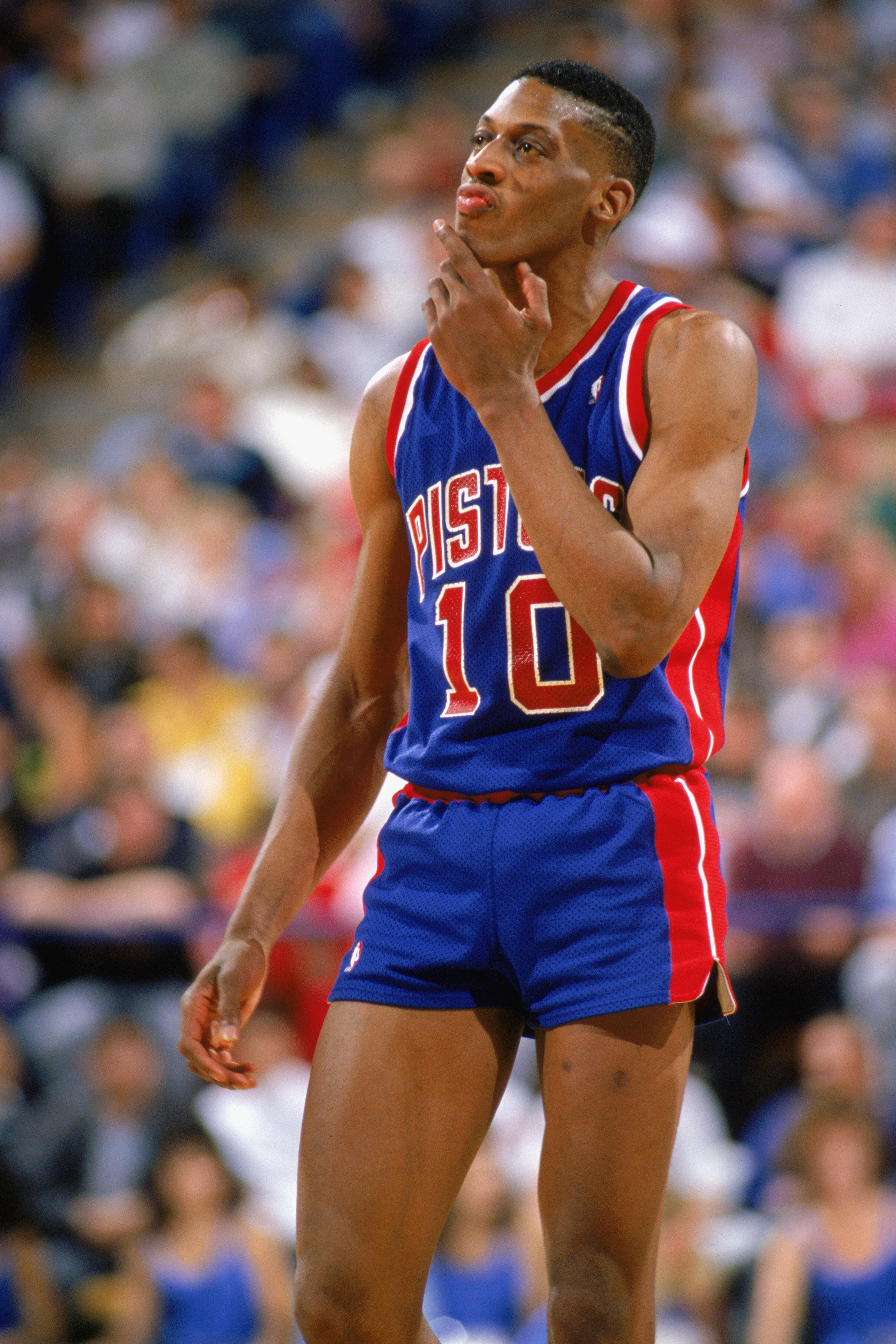 1989:  Dennis Rodman #10 of the Detroit Pistons looks on during a game in the 1988-1989 NBA season.  (Photo by Otto Greule/Getty Images)