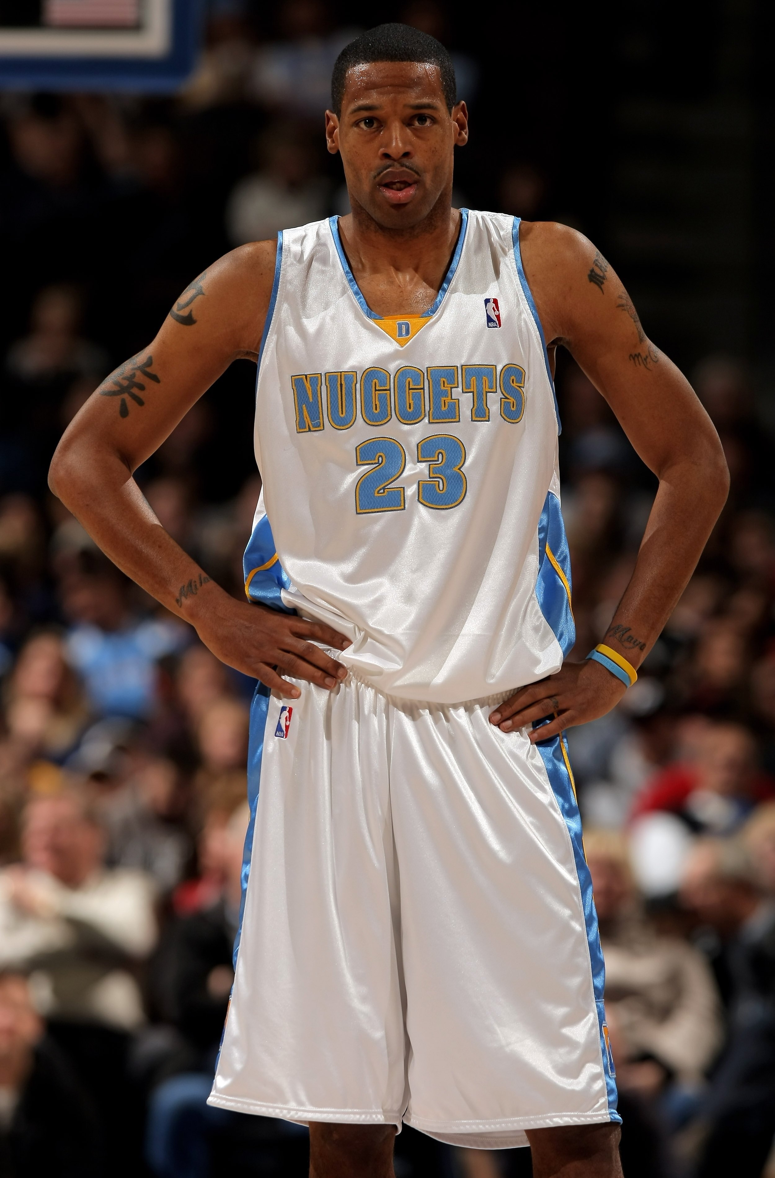 DENVER - JANUARY 06:  Marcus Camby #23 of the Denver Nuggets looks on against the Philadelphia 76ers at the Pepsi Center on January 6, 2008 in Denver, Colorado. The Nuggets defeated the Sixers 109-96. NOTE TO USER: User expressly acknowledges and agrees t