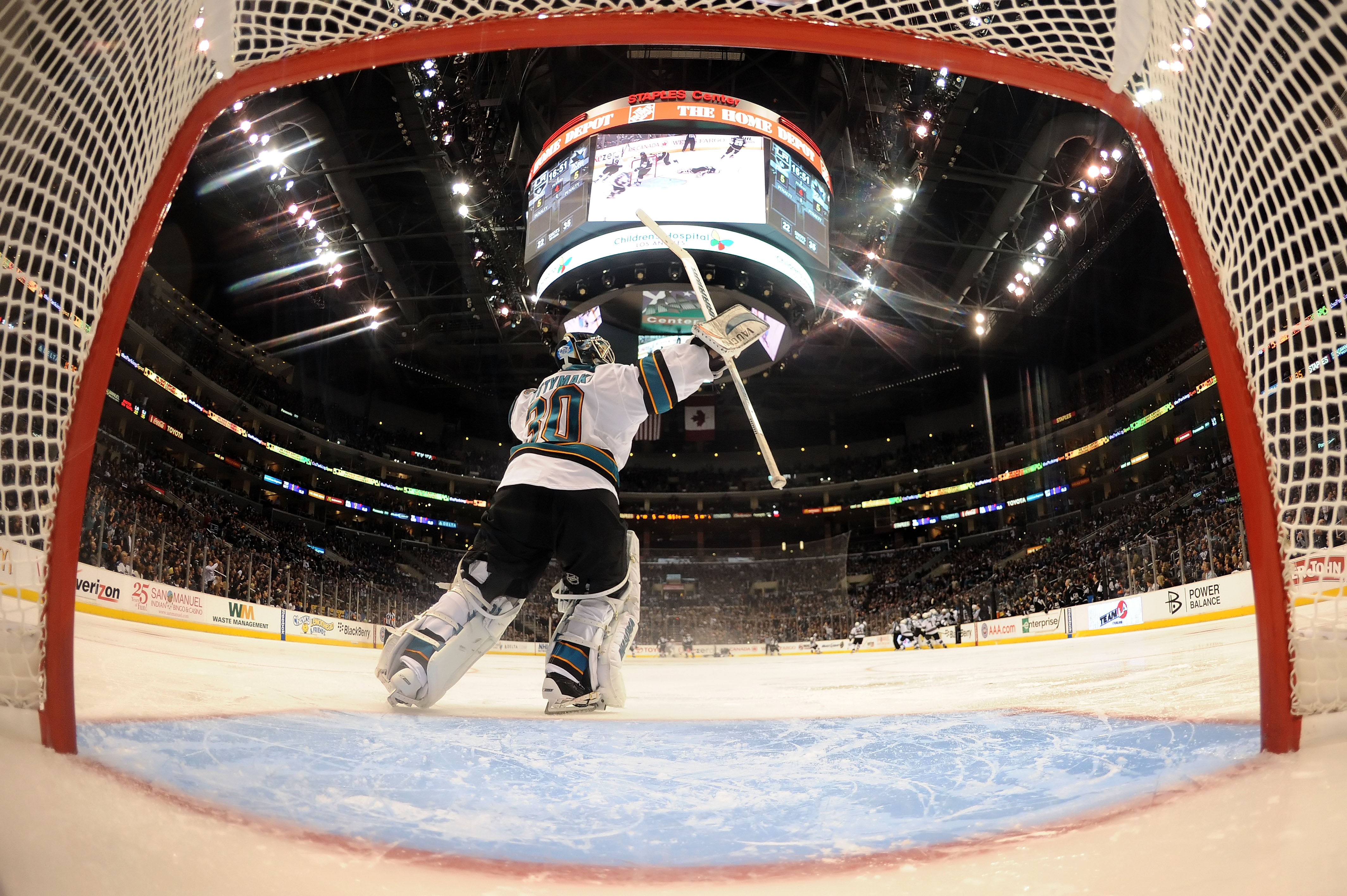 LOS ANGELES, CA - APRIL 19:  Antero Niittymaki #30 of the San Jose Sharks celebrates after the game winning goal by Devin Setoguchi #16 to beat the Los Angeles Kings in game three of the Western Conference Quarterfinals during the 2011 NHL Stanley Cup Pla