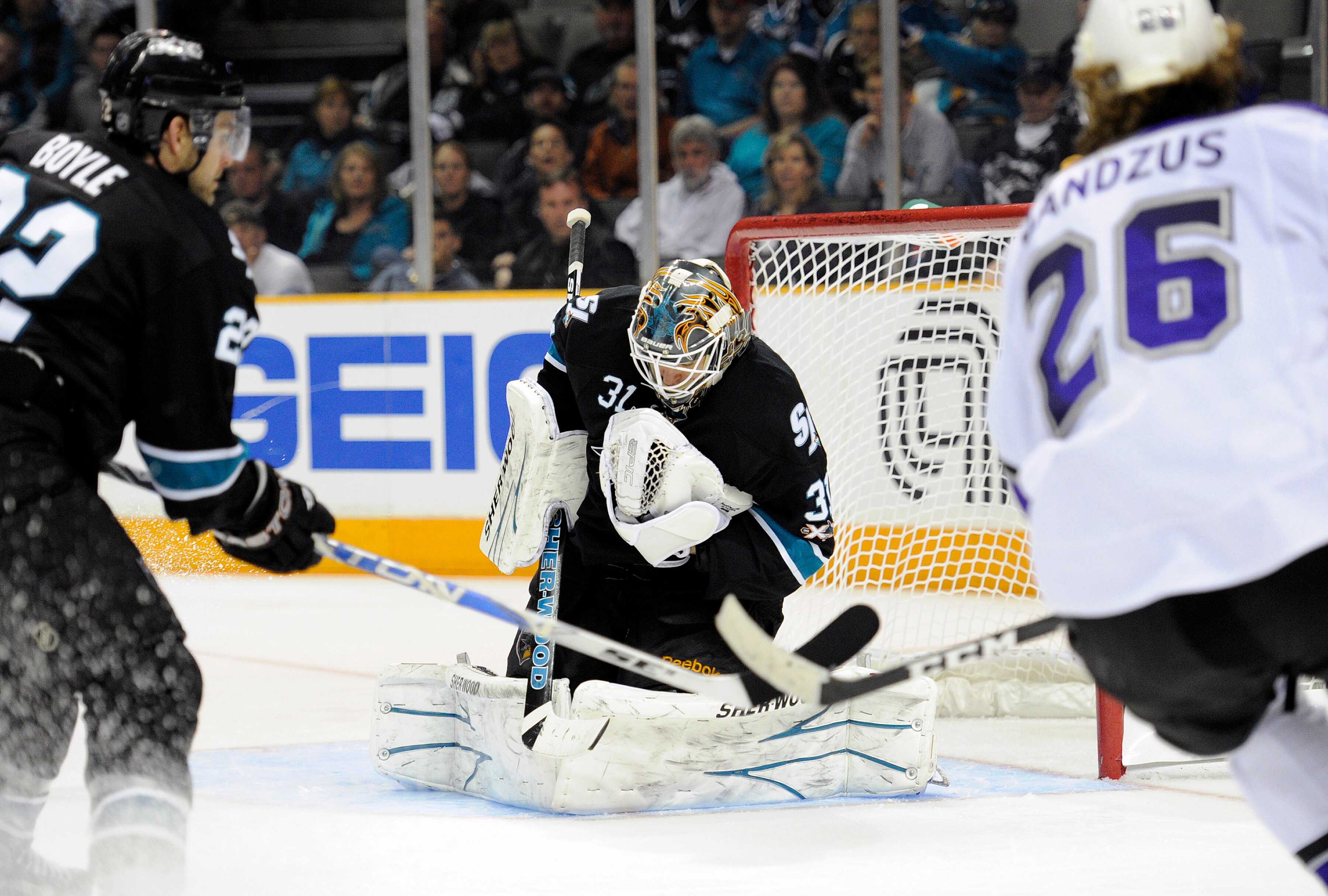SAN JOSE, CA - APRIL 16: Antti Niemi #31 of the San Jose Sharks makes a save against the Los Angeles Kings in Game Two of the Western Conference Quarterfinals during the 2011 NHL Stanley Cup Playoffs at the HP Pavilion on April 16, 2011 in San Jose, Calif