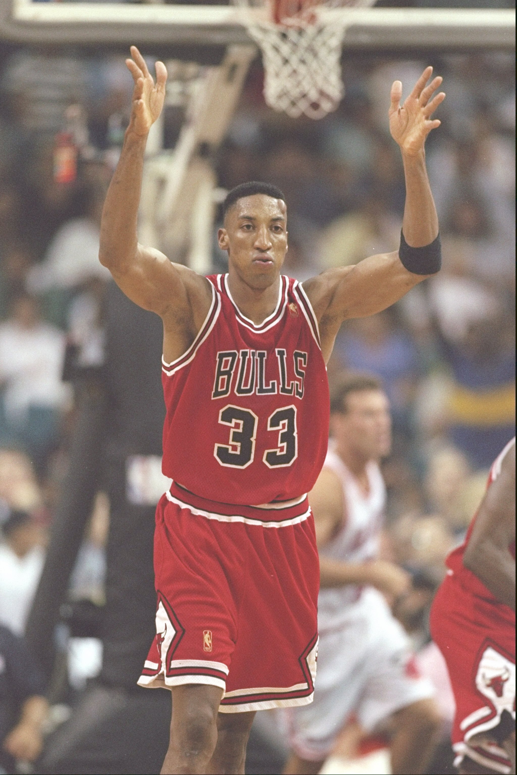 26 May 1997:  Forward Scottie Pippen of the Chicago Bulls runs down the court during a playoff game against the Miami Heat at the Miami Arena in Miami, Florida.  The Heat won the game 87-80. Mandatory Credit: Andy Lyons  /Allsport
