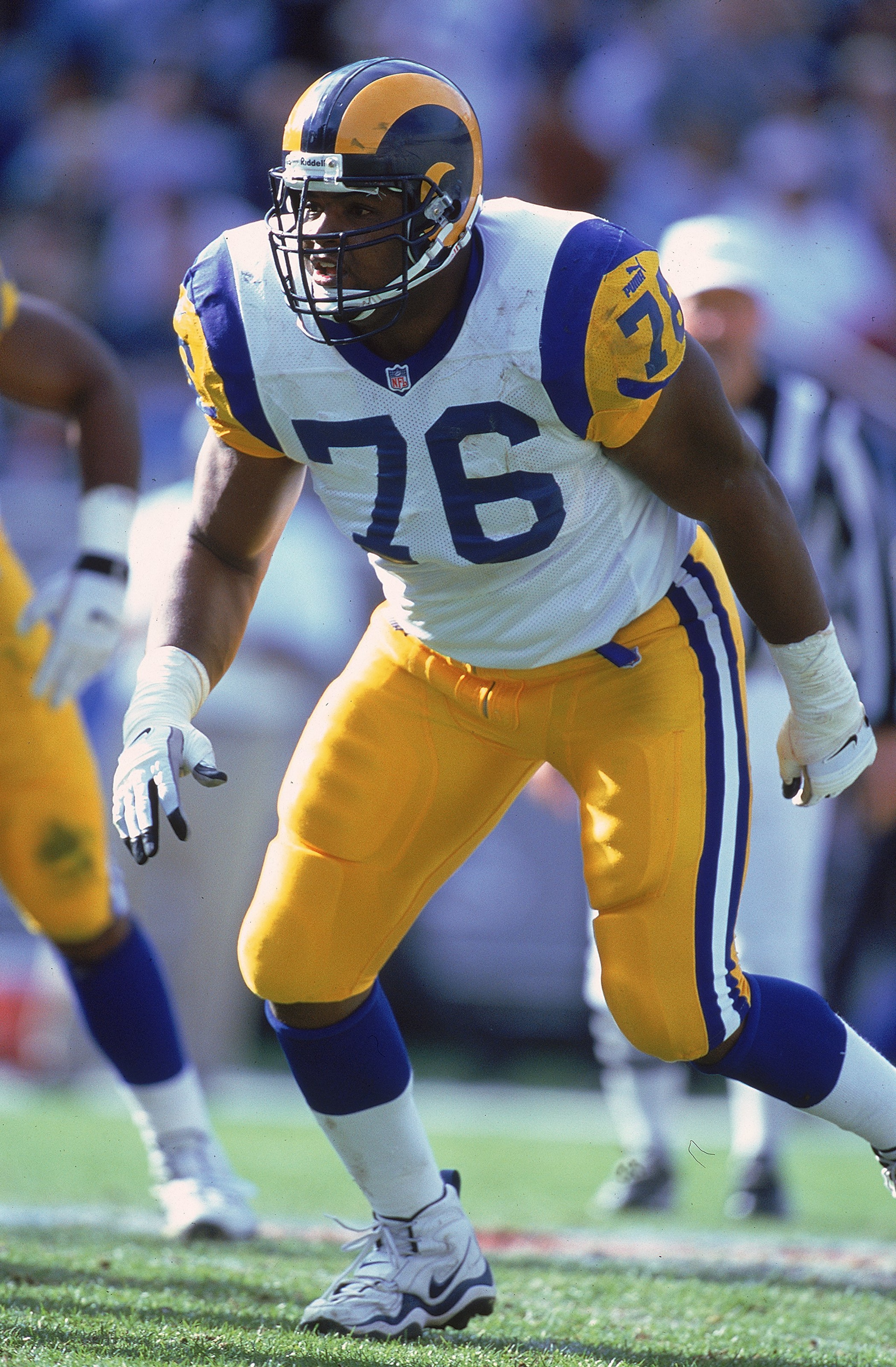 5 Dec 1999:  Orlando Pace #76 of the St. Louis Rams is ready on the field during the game against the Carolina Panthers at the Ericsson Stadium in Charlotte, North Carolina. The Rams defeated the Panthers 34-21. Mandatory Credit: Al Bello  /Allsport