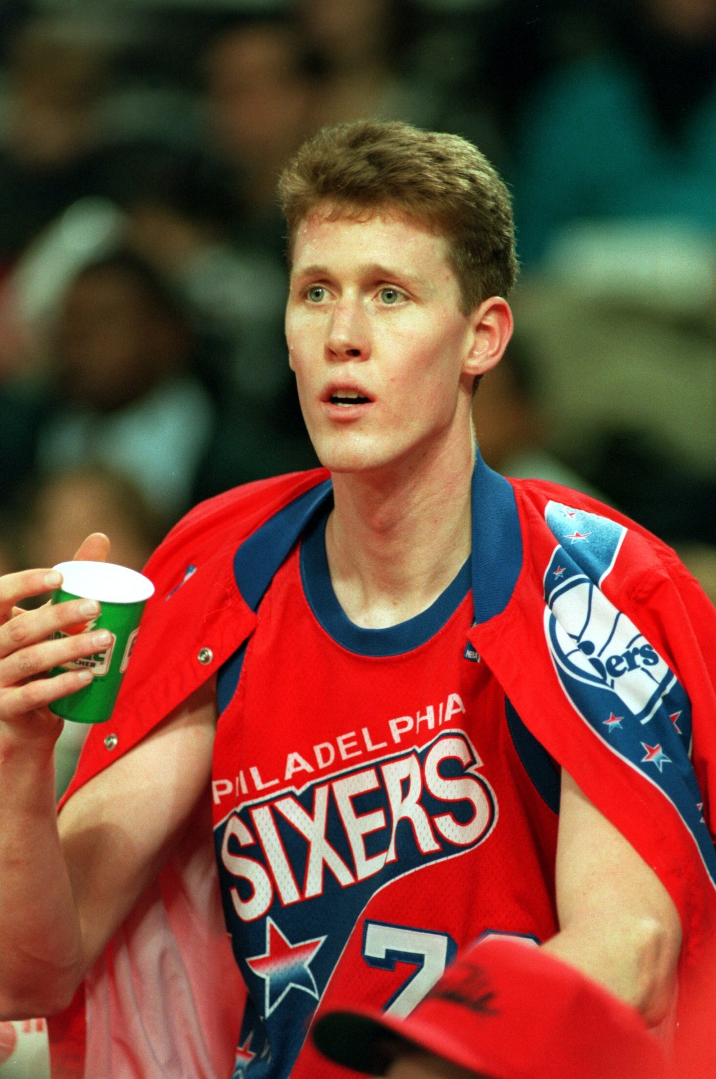 17 Jan 1994: PHILADELPHIA CENTER SHAWN BRADLEY TAKES A BREAK ON THE BENCH DURING THE 76ERS GAME AGAINST THE CHICAGO BULLS.