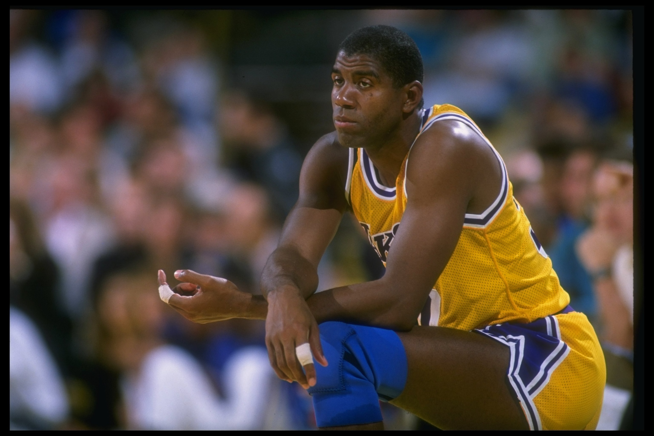 Guard Earvin (Magic) Johnson of the Los Angeles Lakers looks on during a game.
