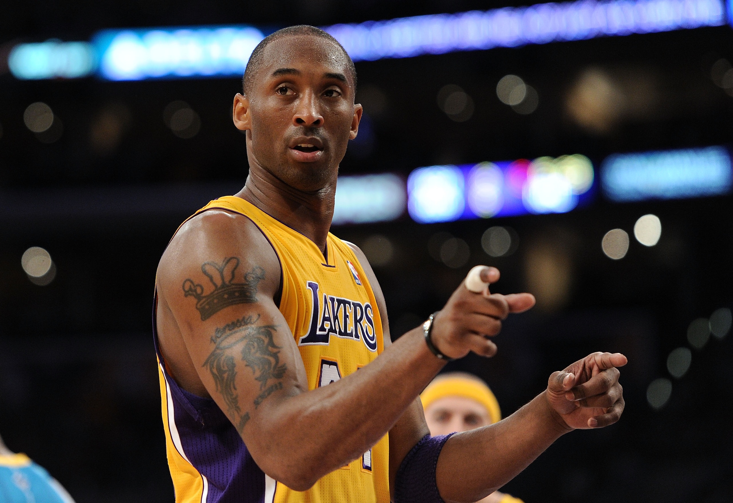 LOS ANGELES, CA - APRIL 20:  Kobe Bryant #24 of the Los Angeles Lakers reacts while taking on the New Orleans Hornets in Game Two of the Western Conference Quarterfinals in the 2011 NBA Playoffs on April 20, 2011 at Staples Center in Los Angeles, Californ