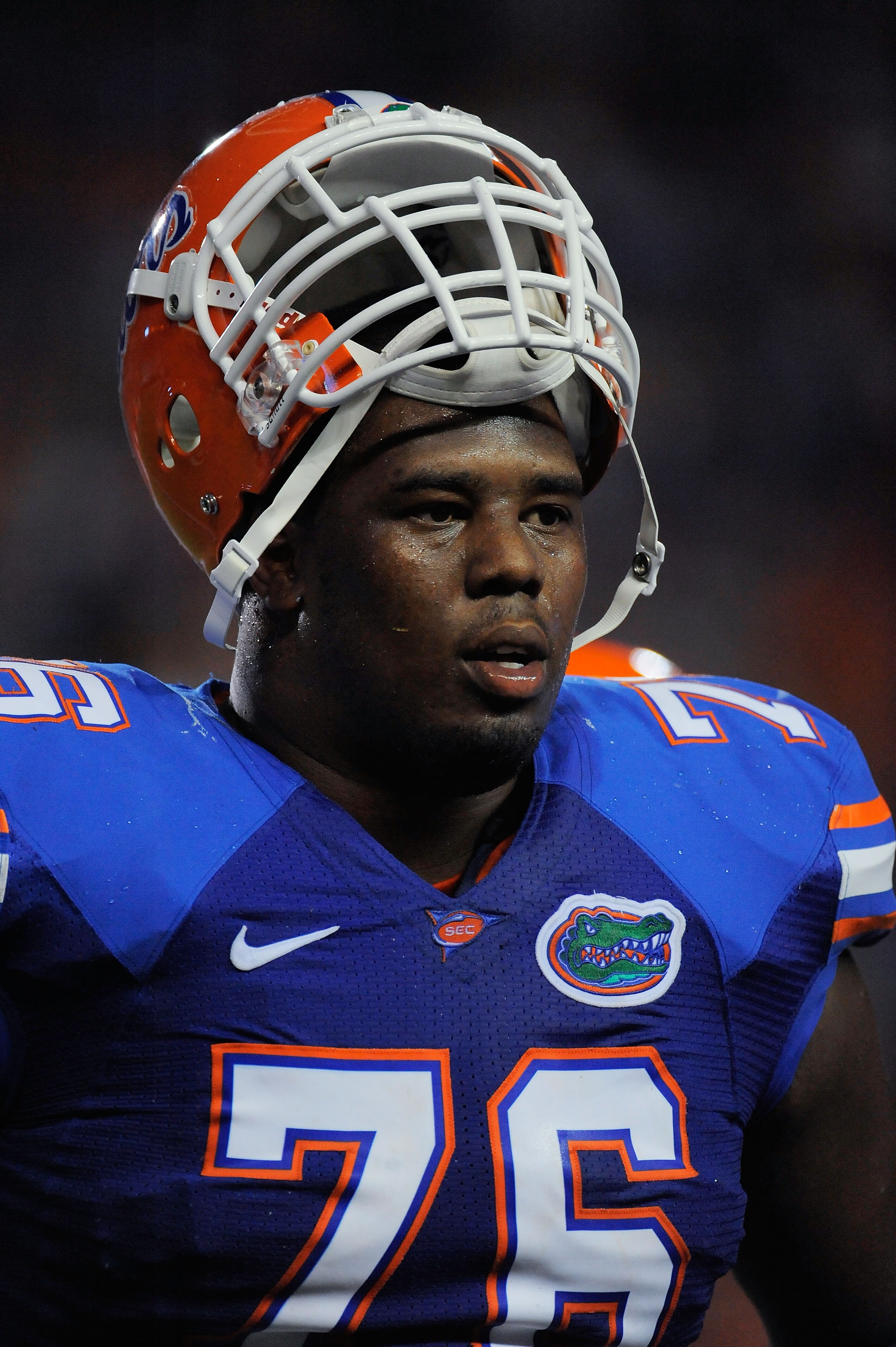 GAINESVILLE, FL - SEPTEMBER 25:  Offensive lineman Marcus Gilbert #76 of the Florida Gators takes a breather during a stoppage in play against the Kentucky Wildcats at Ben Hill Griffin Stadium on September 25, 2010 in Gainesville, Florida. Florida defeate