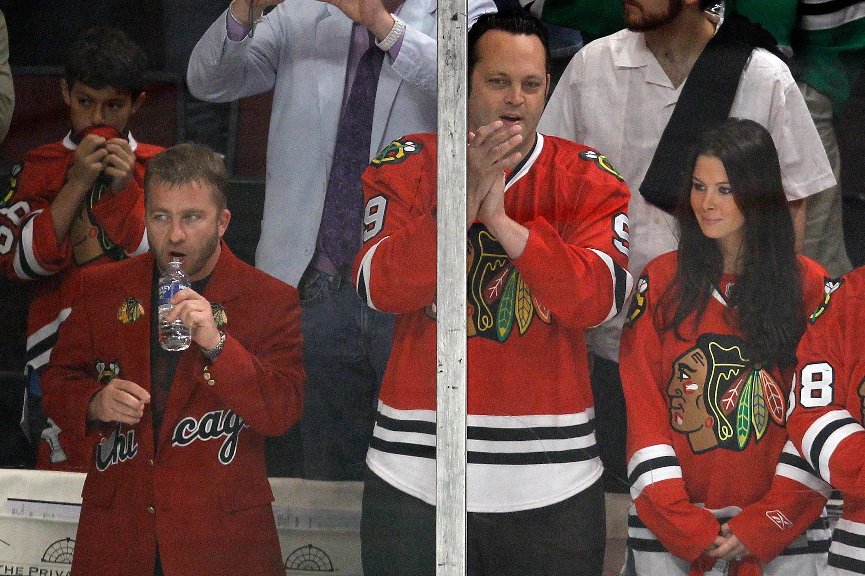 CHICAGO - JUNE 06:  (L-R) Actors Peter Billingsley, Vince Vaughn and Kyla Weber attend Game Five of the 2010 NHL Stanley Cup Final between the Philadelphia Flyers and the Chicago Blackhawks at the United Center on June 6, 2010 in Chicago, Illinois.  (Phot