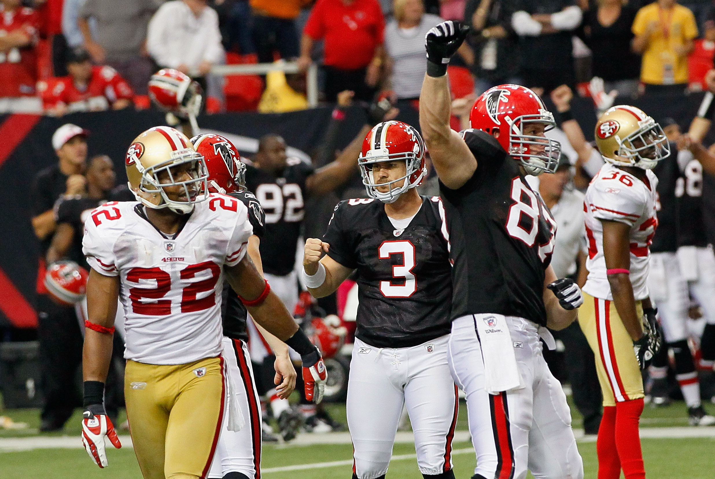 ATLANTA - OCTOBER 03:  Kicker Matt Bryant #3 of the Atlanta Falcons reacts after kicking the game-winning field goal in the final seconds against the San Francisco 49ers at Georgia Dome on October 3, 2010 in Atlanta, Georgia.  (Photo by Kevin C. Cox/Getty