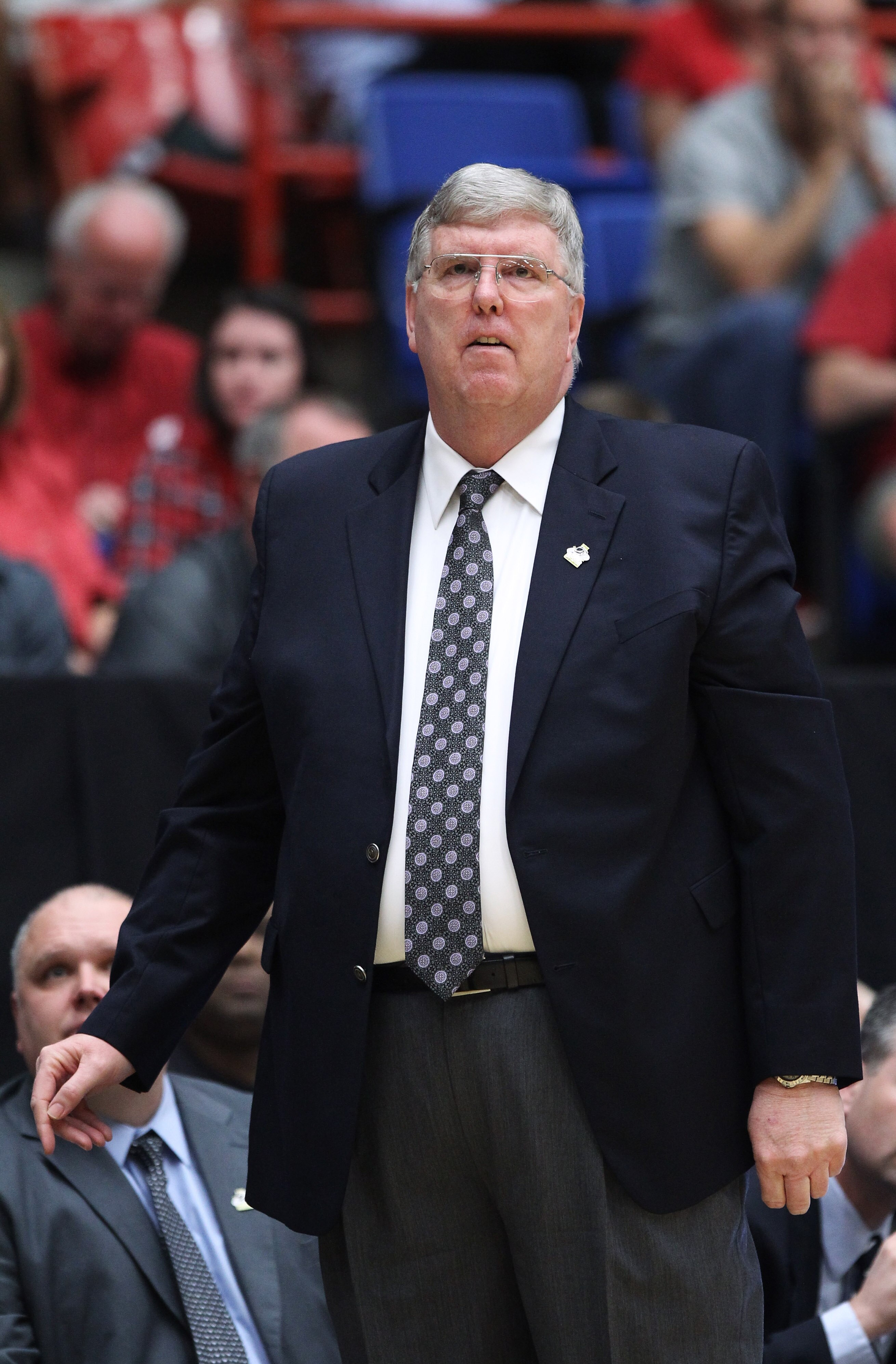 TUCSON, AZ - MARCH 17:  Head coach Stew Morrill of the Utah State Aggies coaches against the Kansas State Wildcats during the second round of the 2011 NCAA men's basketball tournament at McKale Center on March 17, 2011 in Tucson, Arizona.  (Photo by Chris
