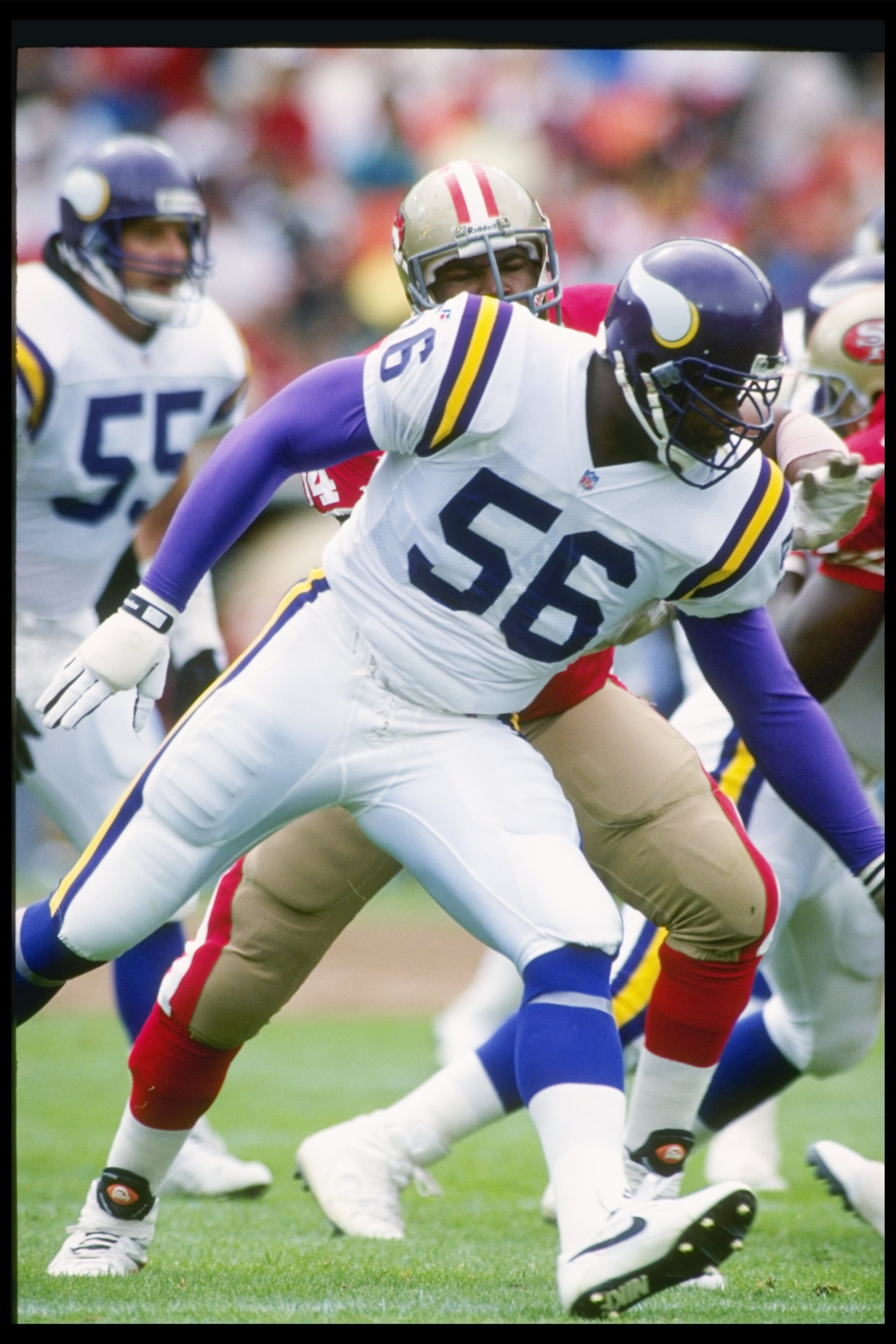 3 Oct 1993: Linebacker Chris Doleman of the Minnesota Vikings moves down the field during a game against the San Francisco 49ers at Candlestick Park in San Francisco, California. The 49ers won the game, 38-19. Mandatory Credit: Otto Greule Jr. /Allspor 3 Oct 1993: Linebacker Chris Doleman of the Minnesota Vikings moves down the field during a game against the San Francisco 49ers at Candlestick Park in San Francisco, California. The 49ers won the game, 38-19. Mandatory Credit: Otto Greule Jr. /Allspor