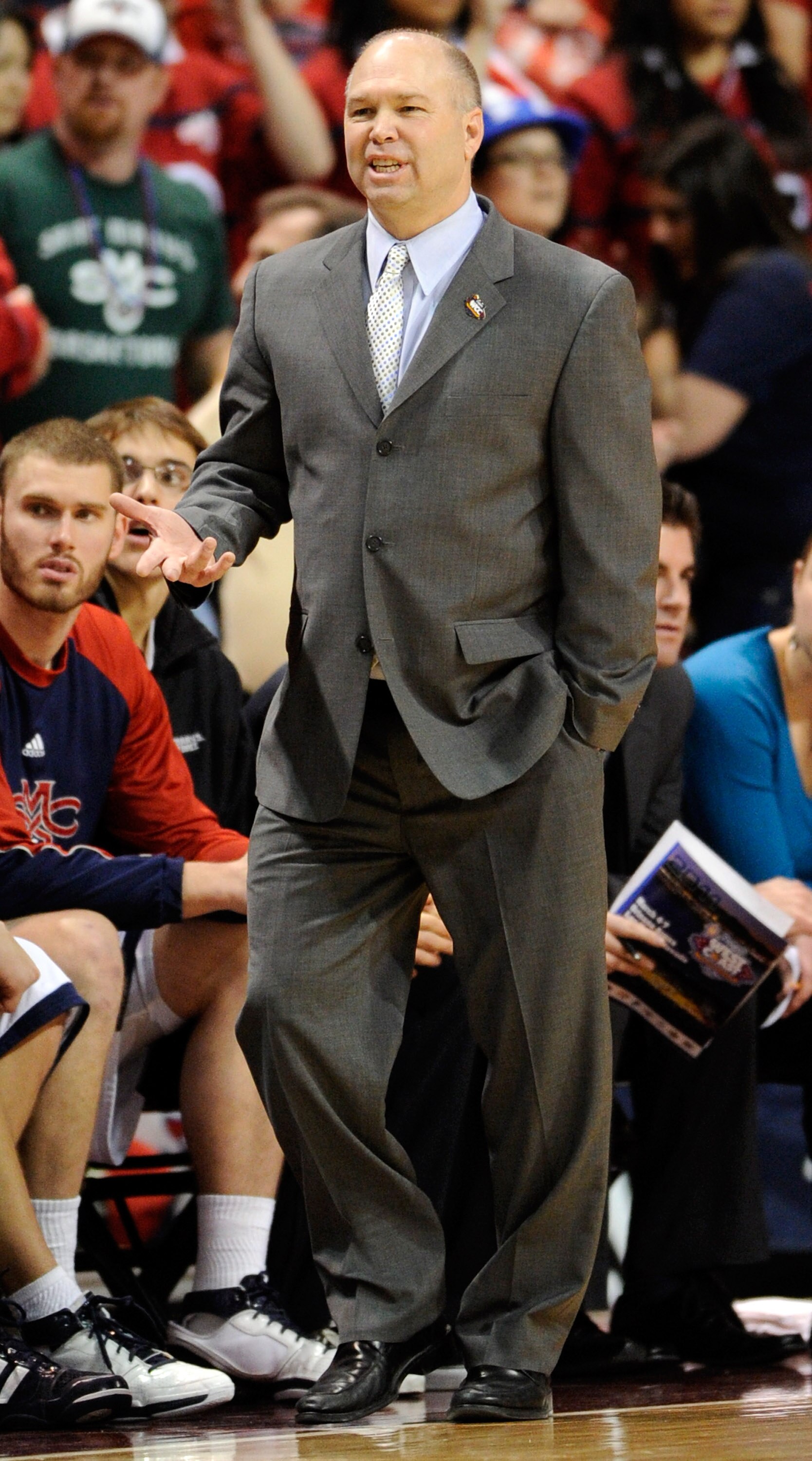 LAS VEGAS, NV - MARCH 07:  Head coach Randy Bennett of the Saint Mary's Gaels walks in front of his bench during the championship game of the Zappos.com West Coast Conference Basketball tournament against the Gonzaga Bulldogs at the Orleans Arena March 7,