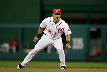 WASHINGTON, DC - APRIL 12: Wilson Ramos #3 of the Washington Nationals leads off against the Philadelphia Phillies at Nationals Park on April 12, 2011 in Washington, DC. (Photo by Rob Carr/Getty Images)
