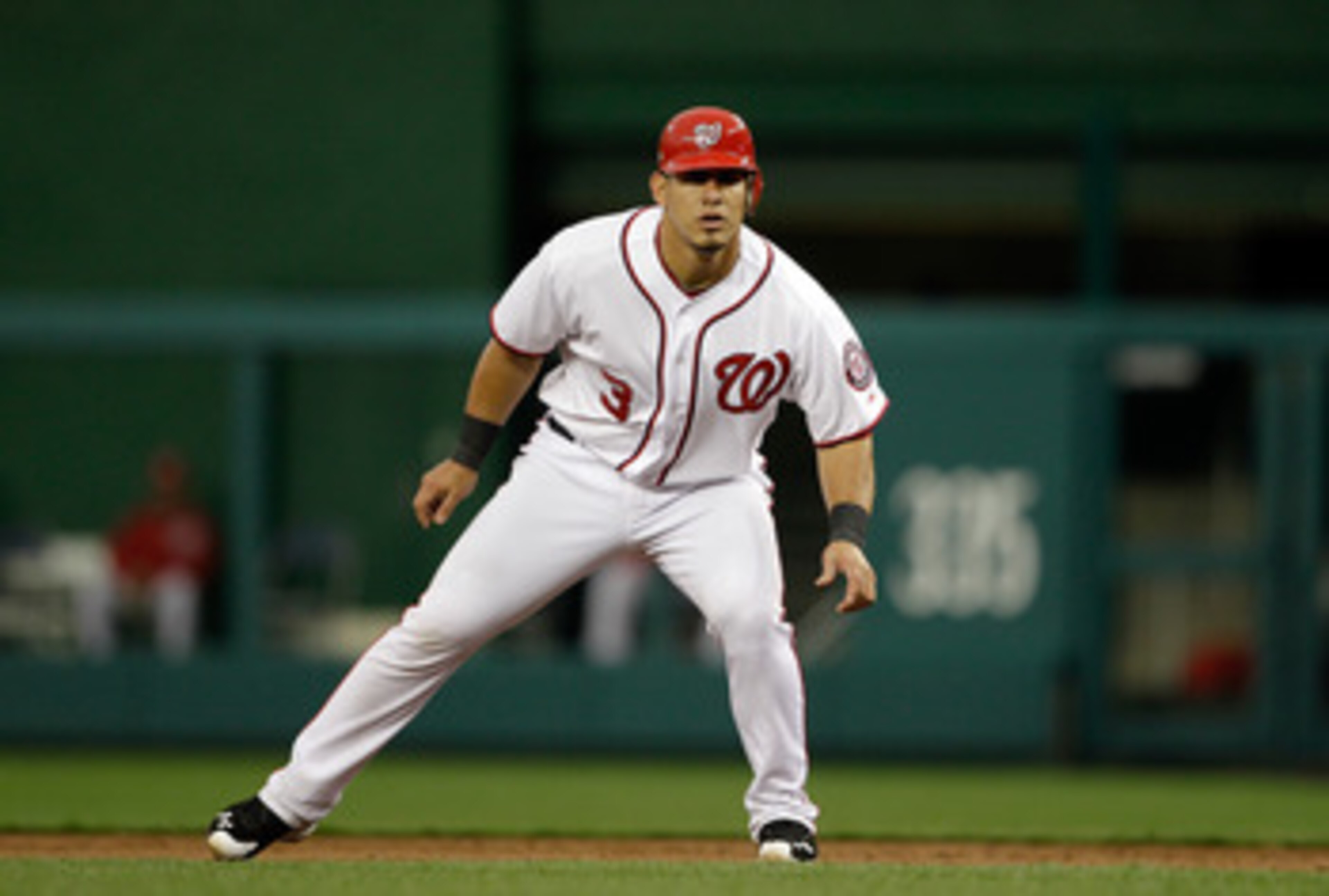 WASHINGTON, DC - APRIL 12: Wilson Ramos #3 of the Washington Nationals leads off against the Philadelphia Phillies at Nationals Park on April 12, 2011 in Washington, DC. (Photo by Rob Carr/Getty Images)