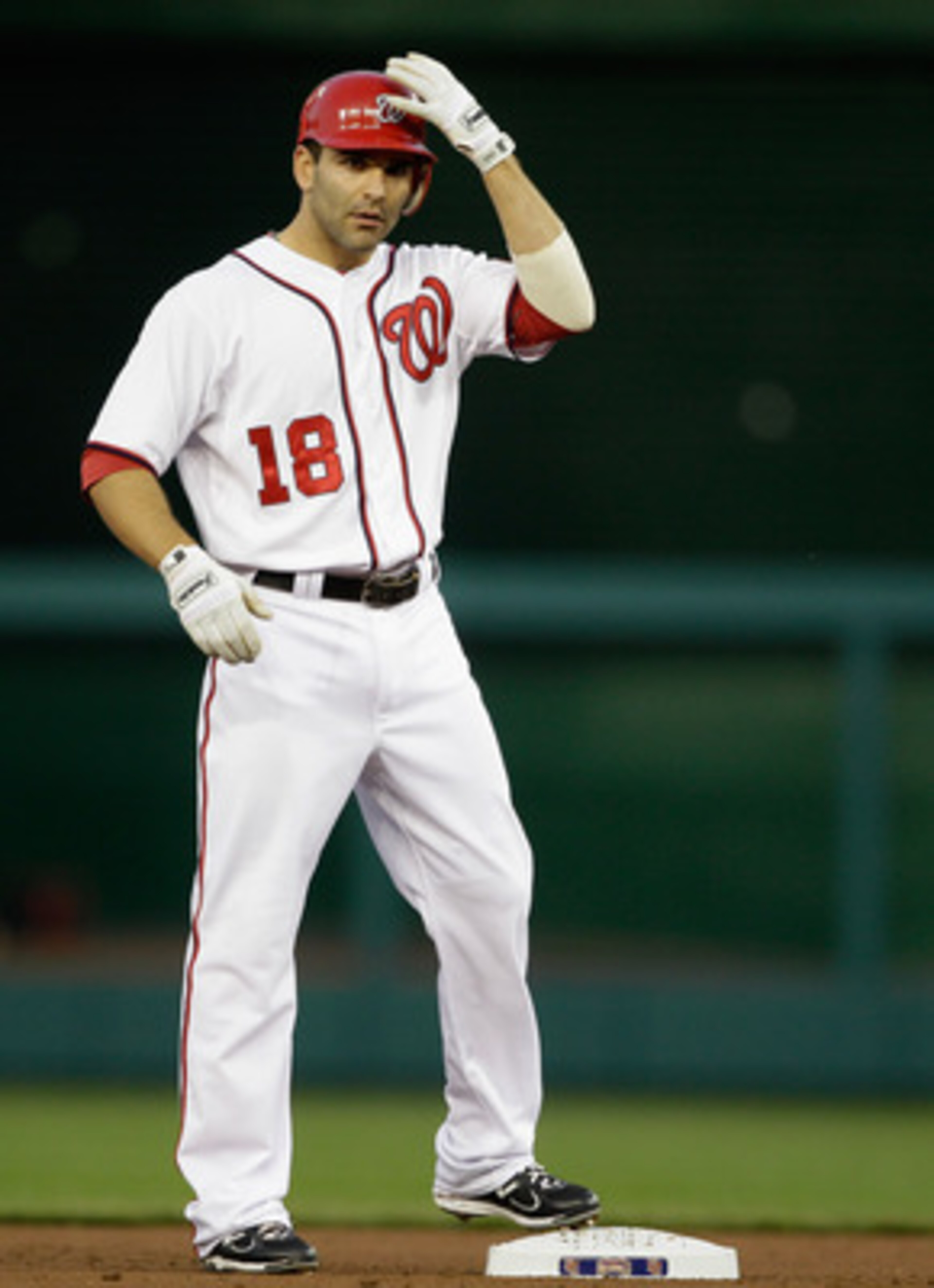 WASHINGTON, DC - APRIL 14:  Danny Espinosa #18 of the Washington Nationals on base against the Philadelphia Phillies at Nationals Park on April 14, 2011 in Washington, DC.  (Photo by Rob Carr/Getty Images)