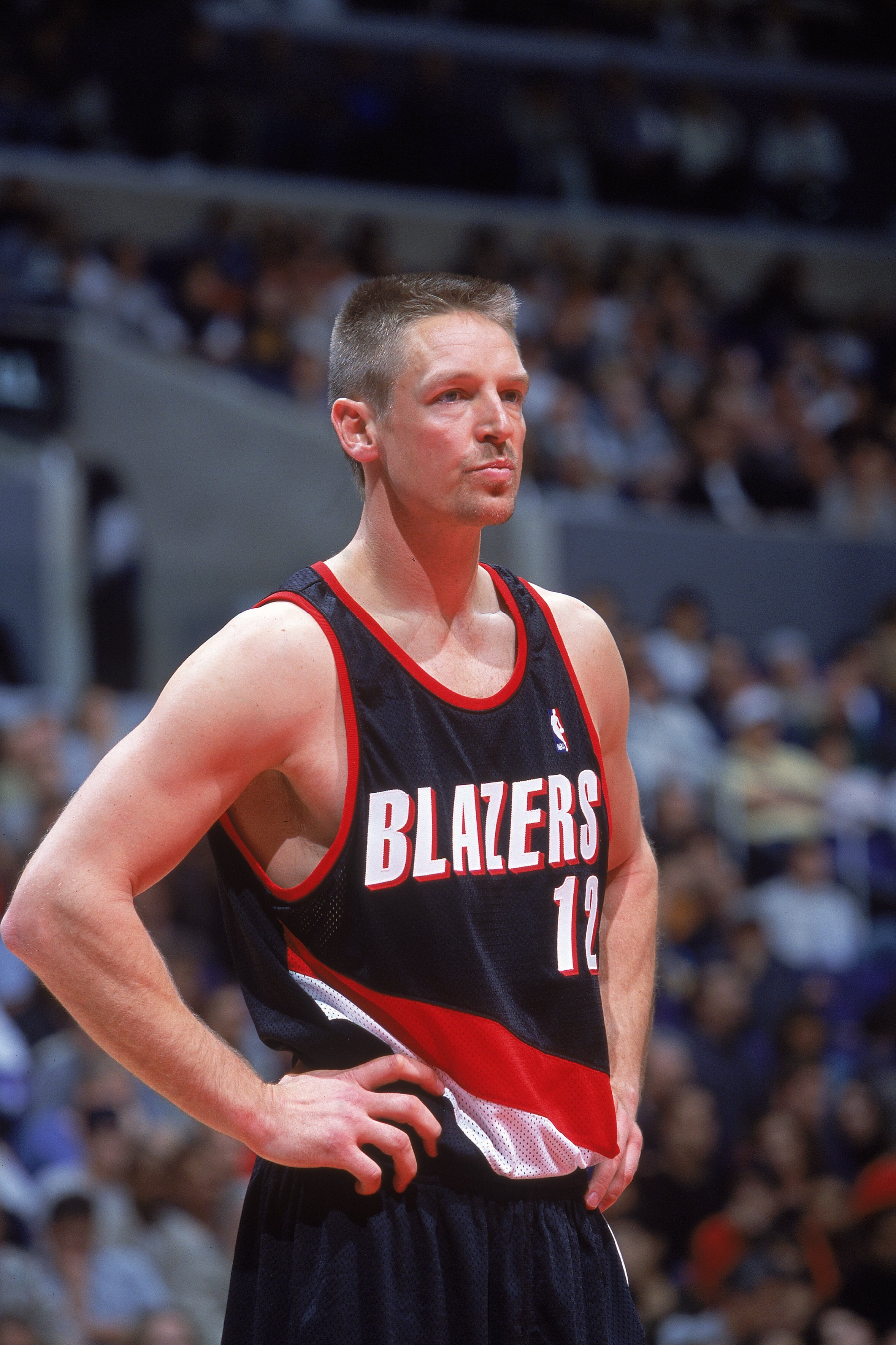3 Feb 2001:  Detlef Schrempf #12 of the Portland Trail Blazers looks on during the game against the Los Angeles Clippers at the STAPLES Center in Los Angeles, California. The Clippers defeated the Trail Blazers 90-89.  NOTE TO USER: It is expressly unders
