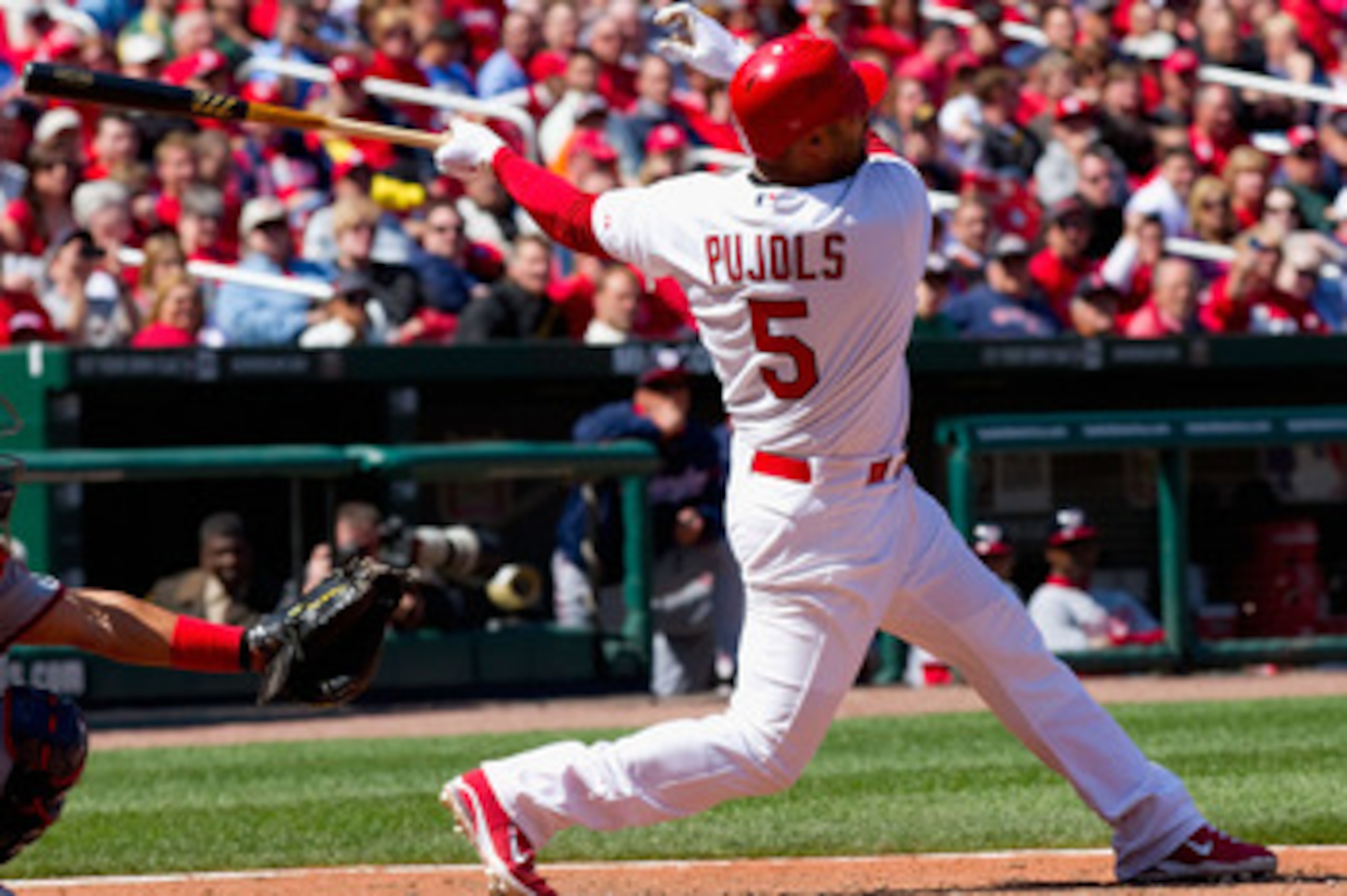 ST. LOUIS, MO - APRIL 21: Albert Pujols #5 of the St. Louis Cardinals hits a two-run home run against the Washington Nationals at Busch Stadium on April 21, 2011 in St. Louis, Missouri. (Photo by Dilip Vishwanat/Getty Images) ST. LOUIS, MO - APRIL 21: Albert Pujols #5 of the St. Louis Cardinals hits a two-run home run against the Washington Nationals at Busch Stadium on April 21, 2011 in St. Louis, Missouri. (Photo by Dilip Vishwanat/Getty Images)
