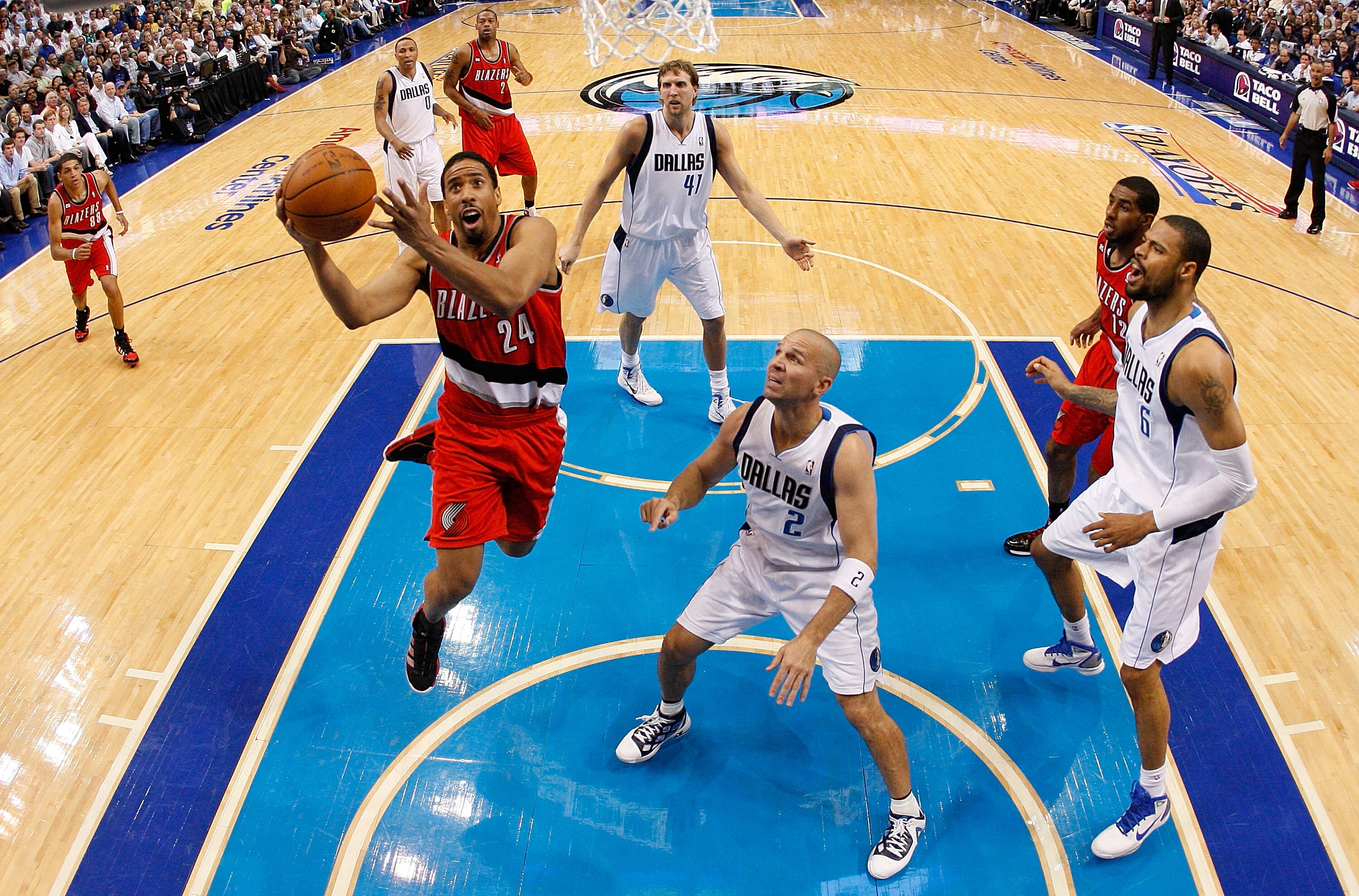 DALLAS, TX - APRIL 19:  Guard Andre Miller #24 of the Portland Trail Blazers takes a shot against Jason Kidd #2 of the Dallas Mavericks in Game Two of the Western Conference Quarterfinals during the 2011 NBA Playoffs on April 19, 2011 at American Airlines