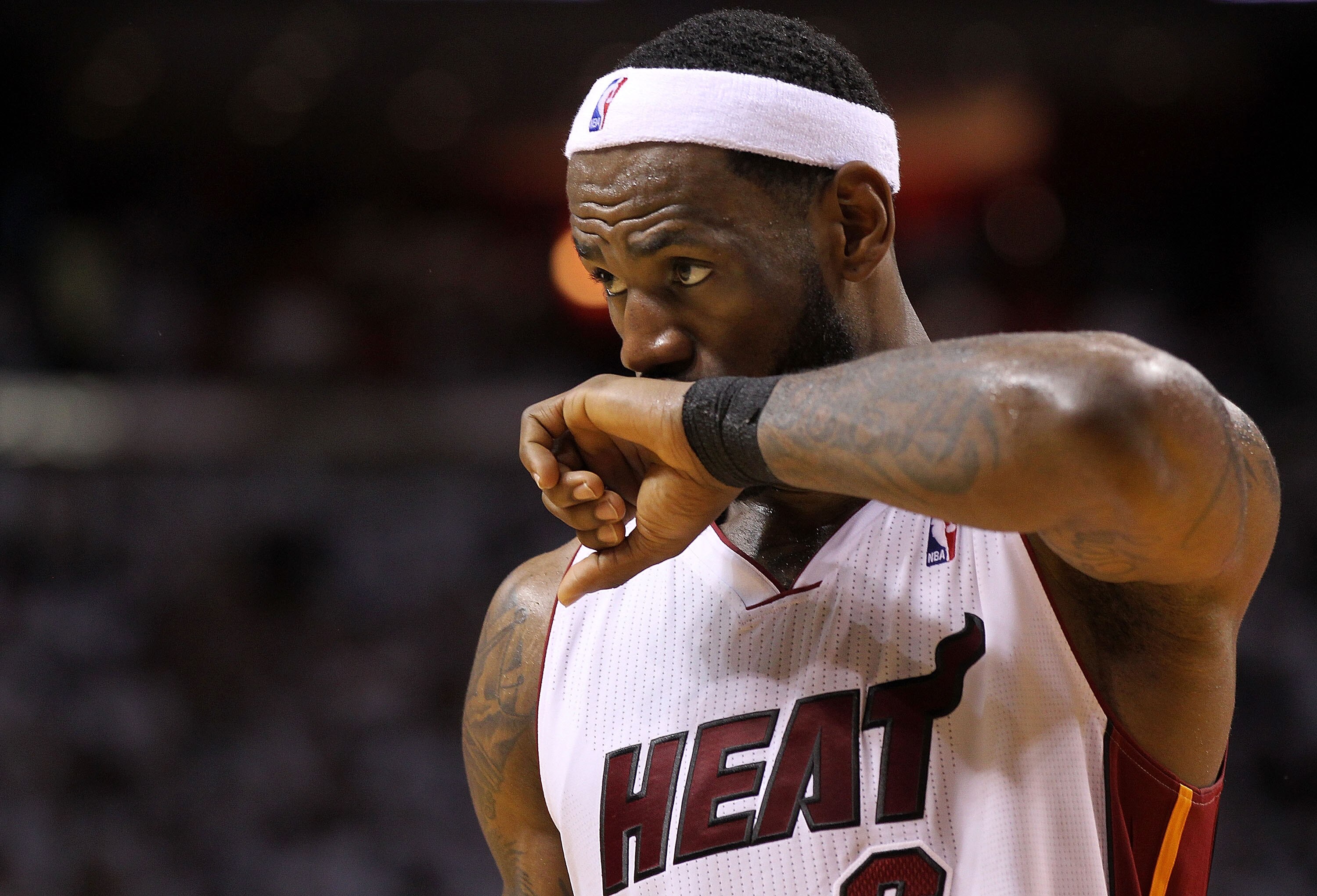 MIAMI, FL - APRIL 18:  LeBron James #6 of the Miami Heat looks on  during game two of the Eastern Conference Quarterfinals against the Philadelphia 76ers at American Airlines Arena on April 18, 2011 in Miami, Florida. NOTE TO USER: User expressly acknowle