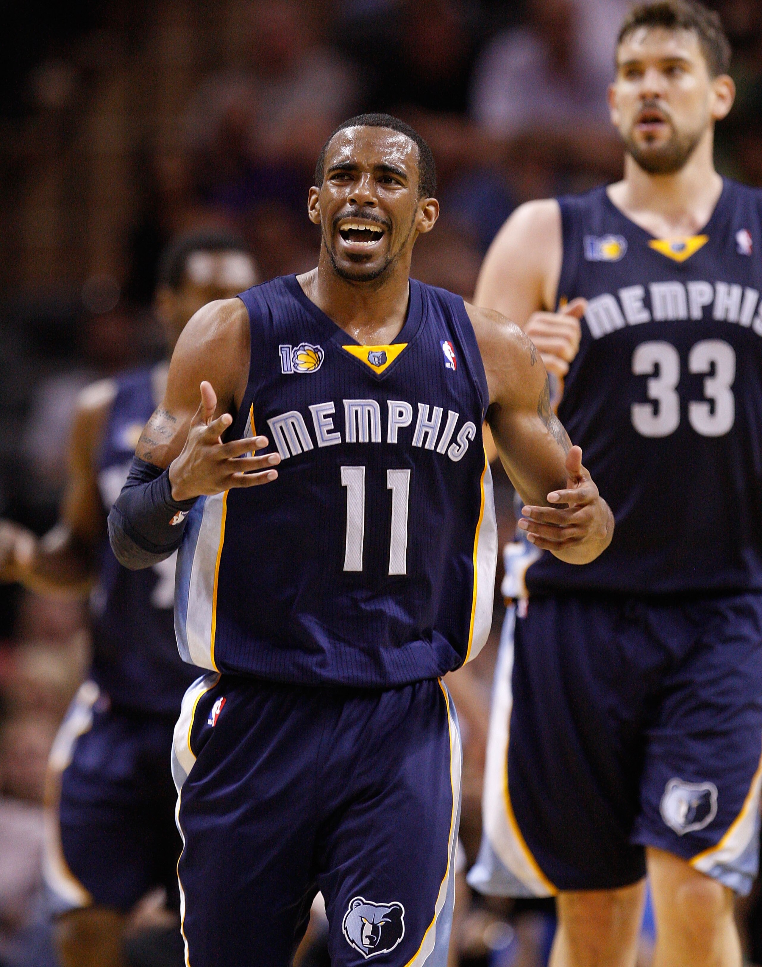 SAN ANTONIO, TX - APRIL 20:  Guard Mike Conley #11 of the Memphis Grizzlies reacts in Game Two of the Western Conference Quarterfinals in the 2011 NBA Playoffs on April 20, 2011 at AT&T Center in San Antonio, Texas.  NOTE TO USER: User expressly acknowled