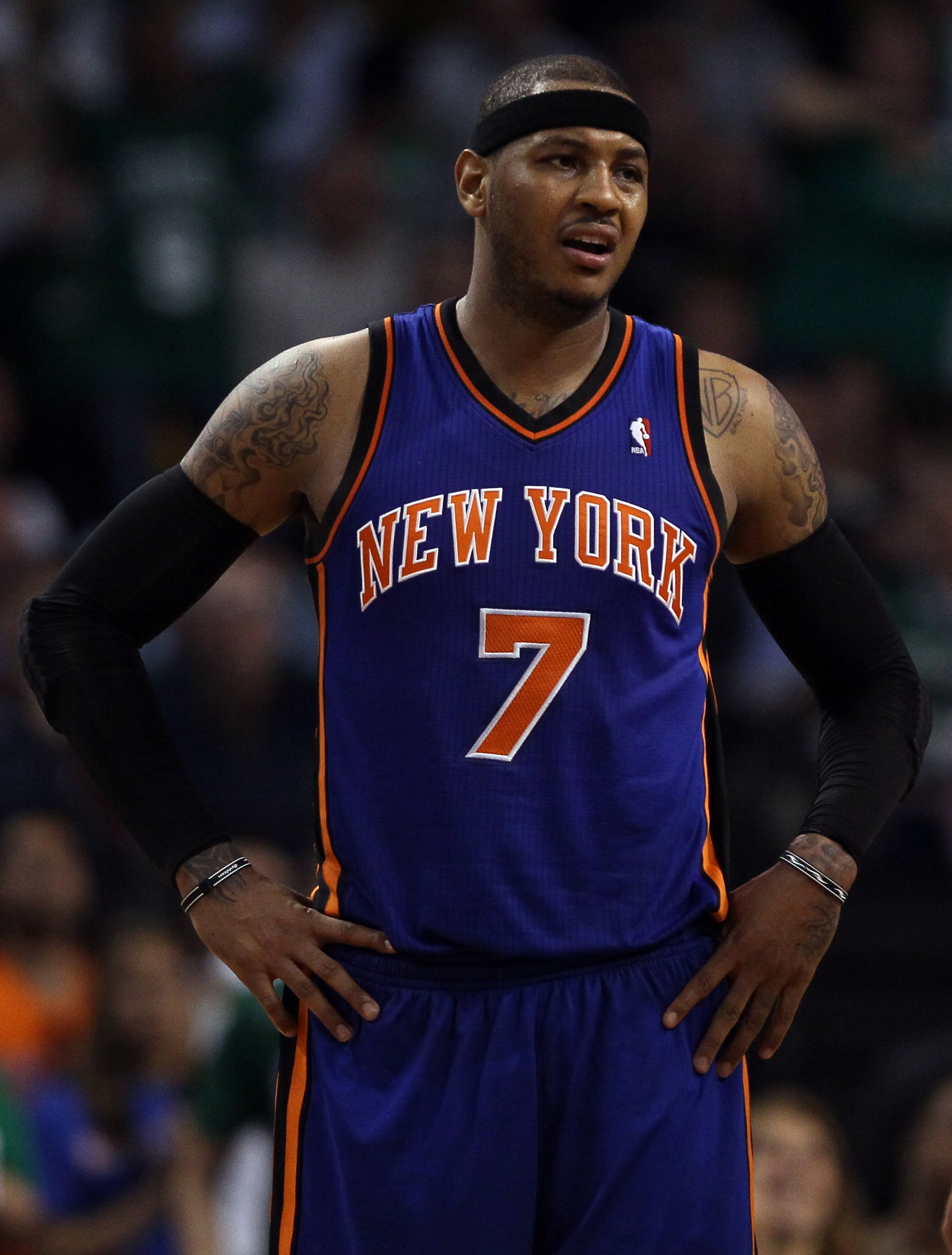 BOSTON, MA - APRIL 19:  Carmelo Anthony #7 of the New York Knicks reacts to a call in the second half against the Boston Celtics in Game Two of the Eastern Conference Quarterfinals in the 2011 NBA Playoffs on April 19, 2011 at the TD Garden in Boston, Mas