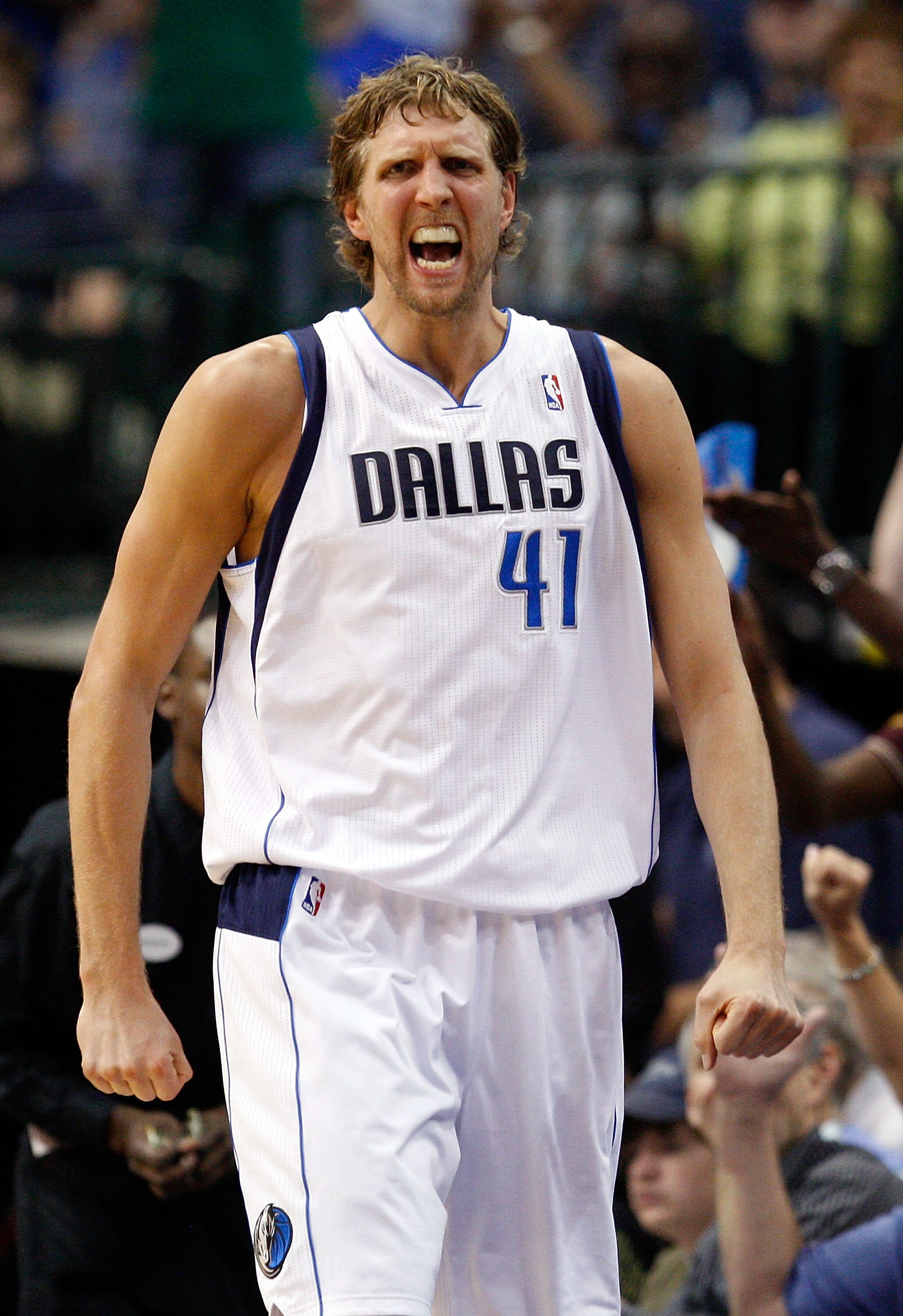 DALLAS, TX - APRIL 19:  Forward Dirk Nowitzki #41 of the Dallas Mavericks reacts against the Portland Trail Blazers in Game Two of the Western Conference Quarterfinals during the 2011 NBA Playoffs on April 19, 2011 at American Airlines Center in Dallas, T