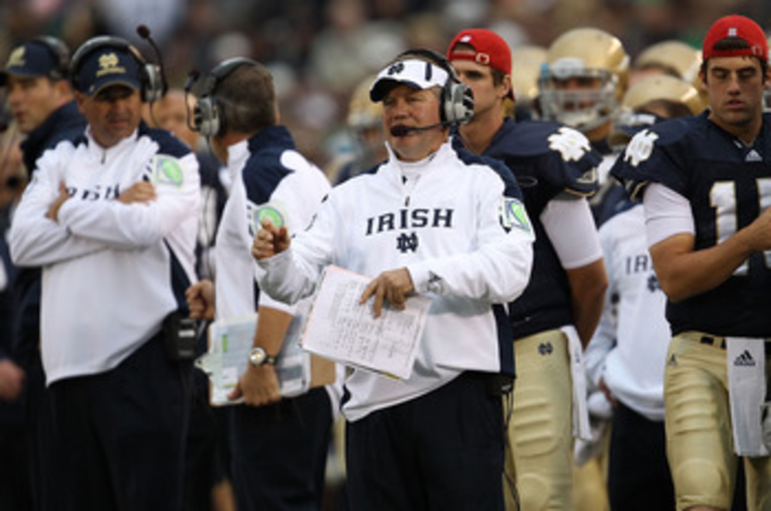 SOUTH BEND, IN - SEPTEMBER 25: Head coach Brian Kelly of the Notre Dame Fighting Irish watches as his team takes on the Stanford Cardinal at Notre Dame Stadium on September 25, 2010 in South Bend, Indiana. Stanford defeated Notre Dame 37-14.  (Photo by Jo
