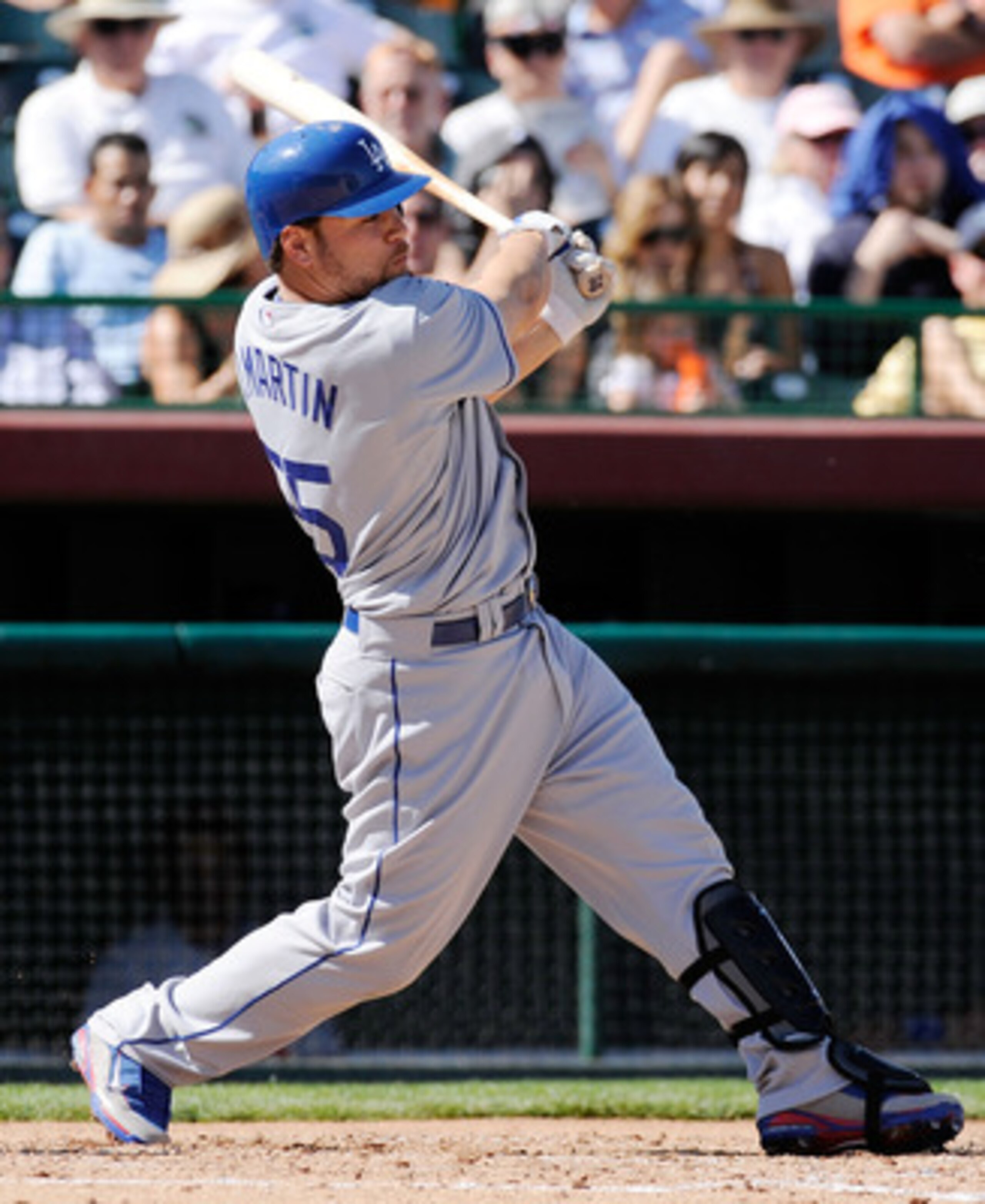 SCOTTSDALE, AZ - FEBRUARY 26: Russel Martin #55 of the Los Angeles Dodgers hits a two run double against the San Francisco Giants during a spring training game at Scottsdale Stadium on February 26, 2009 in Scottsdale, Arizona. (Photo by Kevork Djansezia SCOTTSDALE, AZ - FEBRUARY 26: Russel Martin #55 of the Los Angeles Dodgers hits a two run double against the San Francisco Giants during a spring training game at Scottsdale Stadium on February 26, 2009 in Scottsdale, Arizona. (Photo by Kevork Djansezia