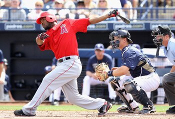 PEORIA, AZ - MARCH 15:  Howard Kendrick #47 of the Los Angeles Angels of Anaheim bats against the San Diego Padres during the spring training game at Peoria Stadium on March 15, 2011 in Peoria, Arizona.  (Photo by Christian Petersen/Getty Images)