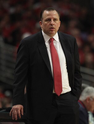 CHICAGO, IL - APRIL 16: Head coach Tom Thibodeau of the Chicago Bulls watches as his team takes on the Indiana Pacers in Game One of the Eastern Conference Quarterfinals in the 2011 NBA Playoffs at the United Center on April 16, 2011 in Chicago, Illinois.
