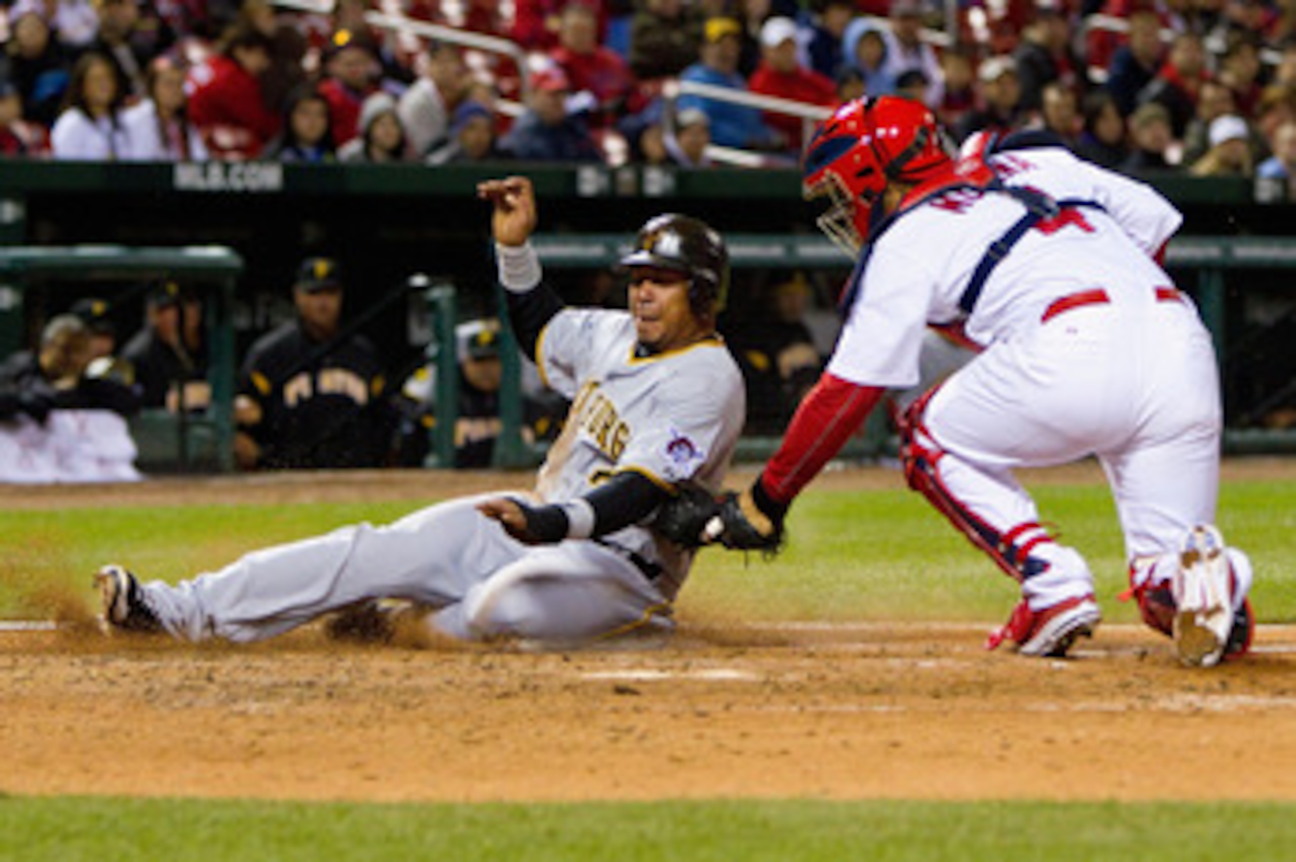 ST. LOUIS, MO - APRIL 4: Jose Tabata #31 of the Pittsburgh Pirates is tagged out at home Yadier Molina #4 of the St. Louis Cardinals at Busch Stadium on April 4, 2011 in St. Louis, Missouri. (Photo by Dilip Vishwanat/Getty Images) ST. LOUIS, MO - APRIL 4: Jose Tabata #31 of the Pittsburgh Pirates is tagged out at home Yadier Molina #4 of the St. Louis Cardinals at Busch Stadium on April 4, 2011 in St. Louis, Missouri. (Photo by Dilip Vishwanat/Getty Images)