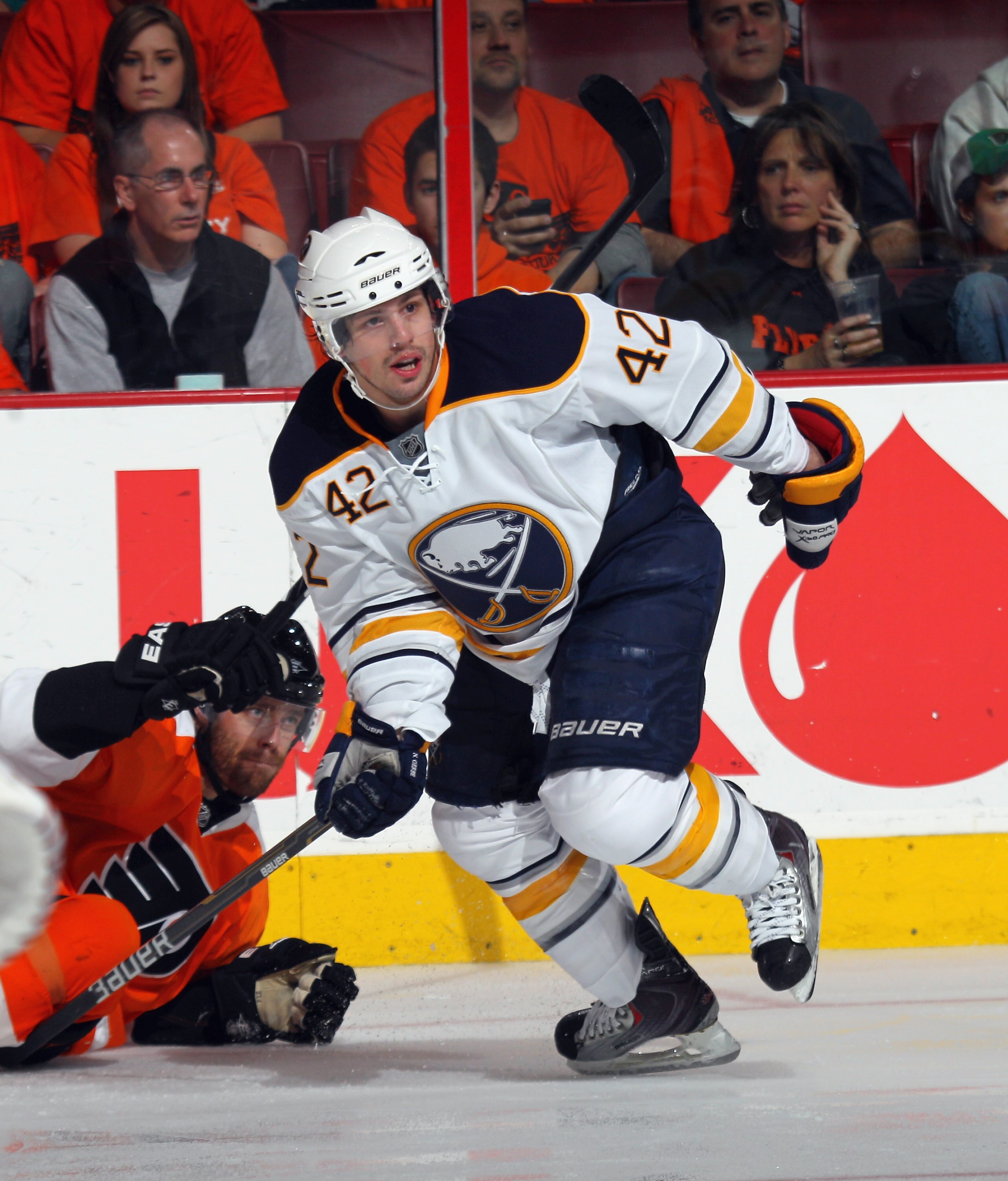 PHILADELPHIA, PA - APRIL 14: Nathan Gerbe #42 of the Buffalo Sabres skates against the Philadelphia Flyers in Game One of the Eastern Conference Quarterfinals during the 2011 NHL Stanley Cup Playoffs at Wells Fargo Center on April 14, 2011 in Philadelphia